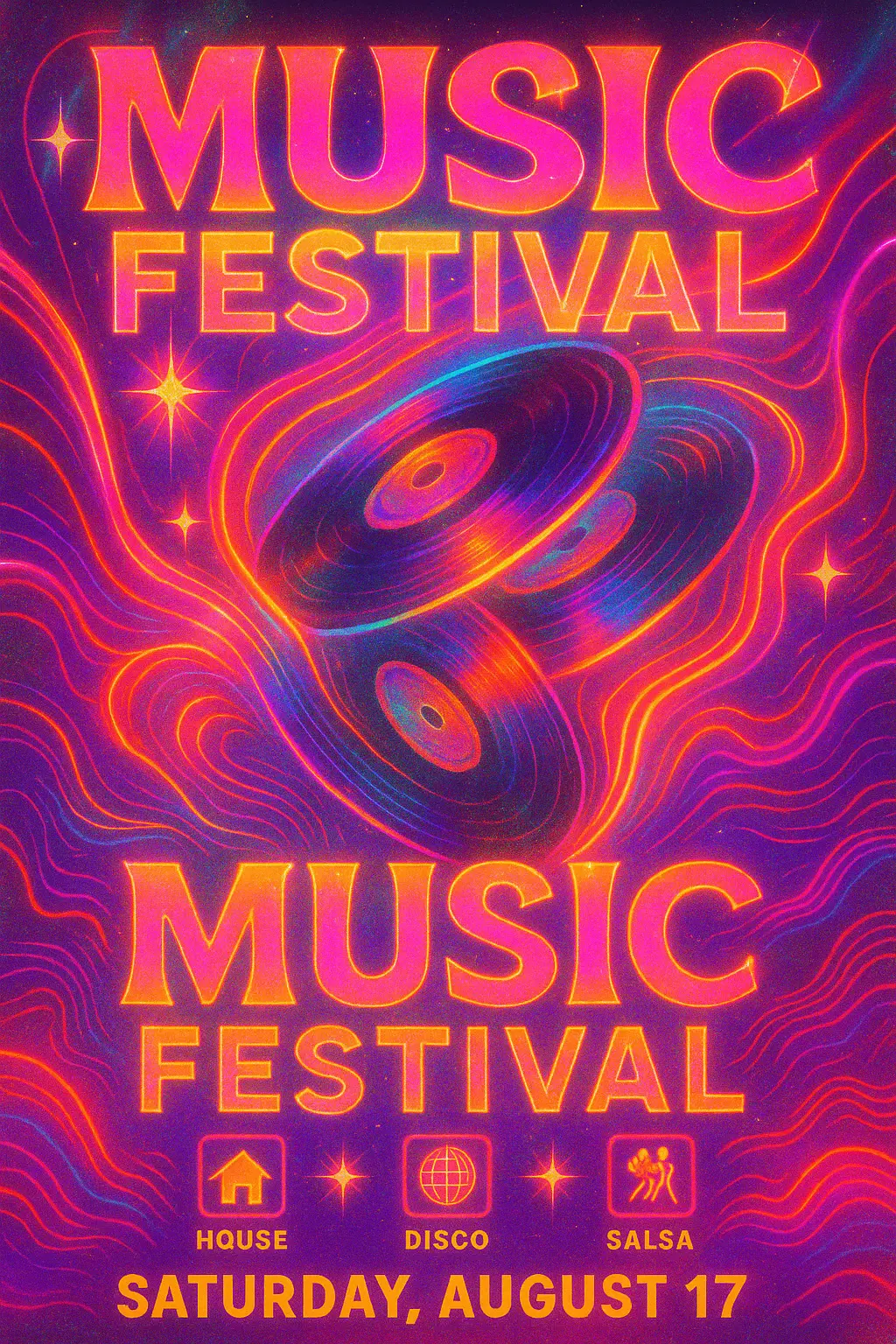 Vibrant Music Poster template with vinyl records and neon effects