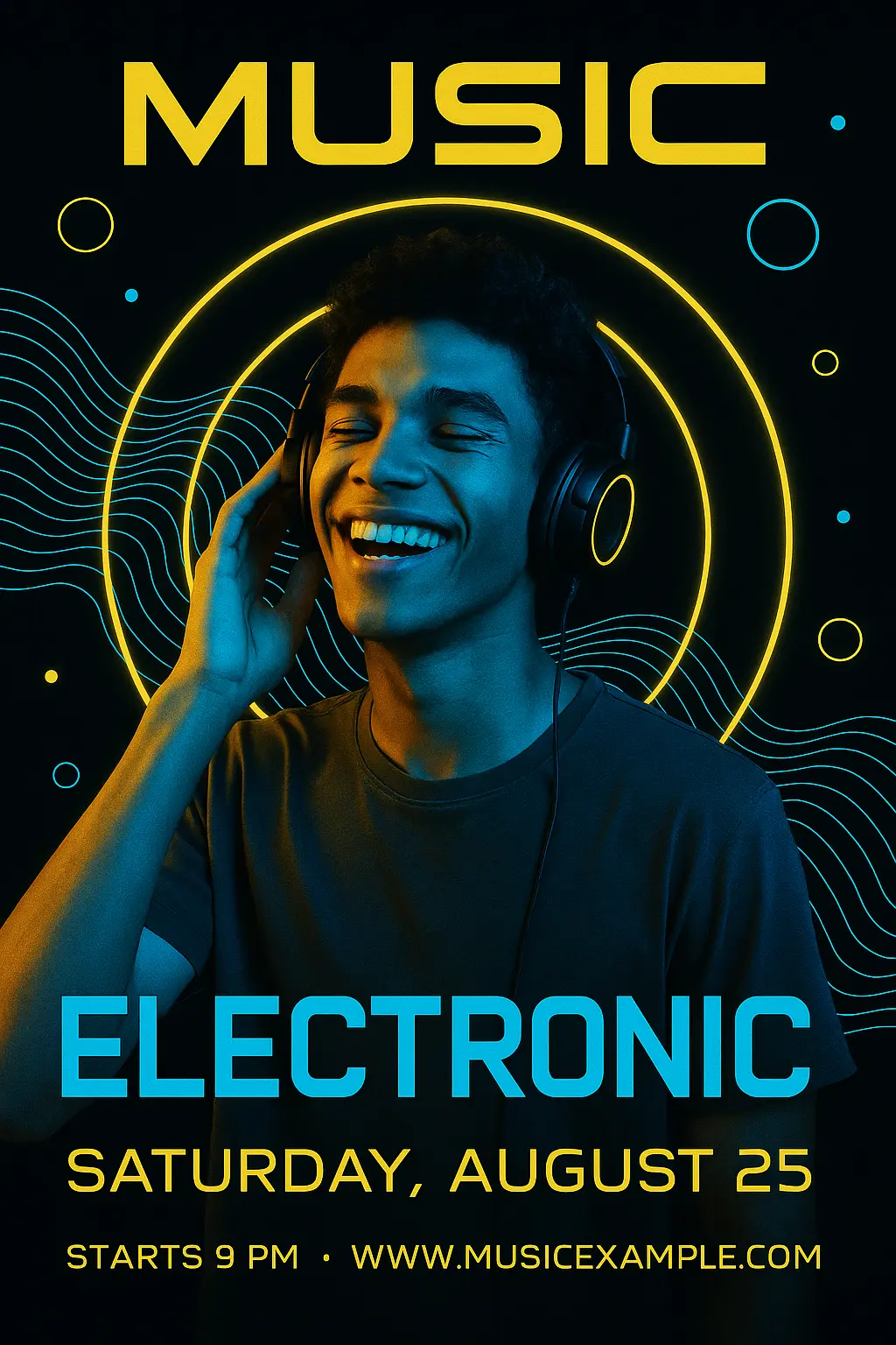 Music Poster template with vibrant neon design and headphones theme