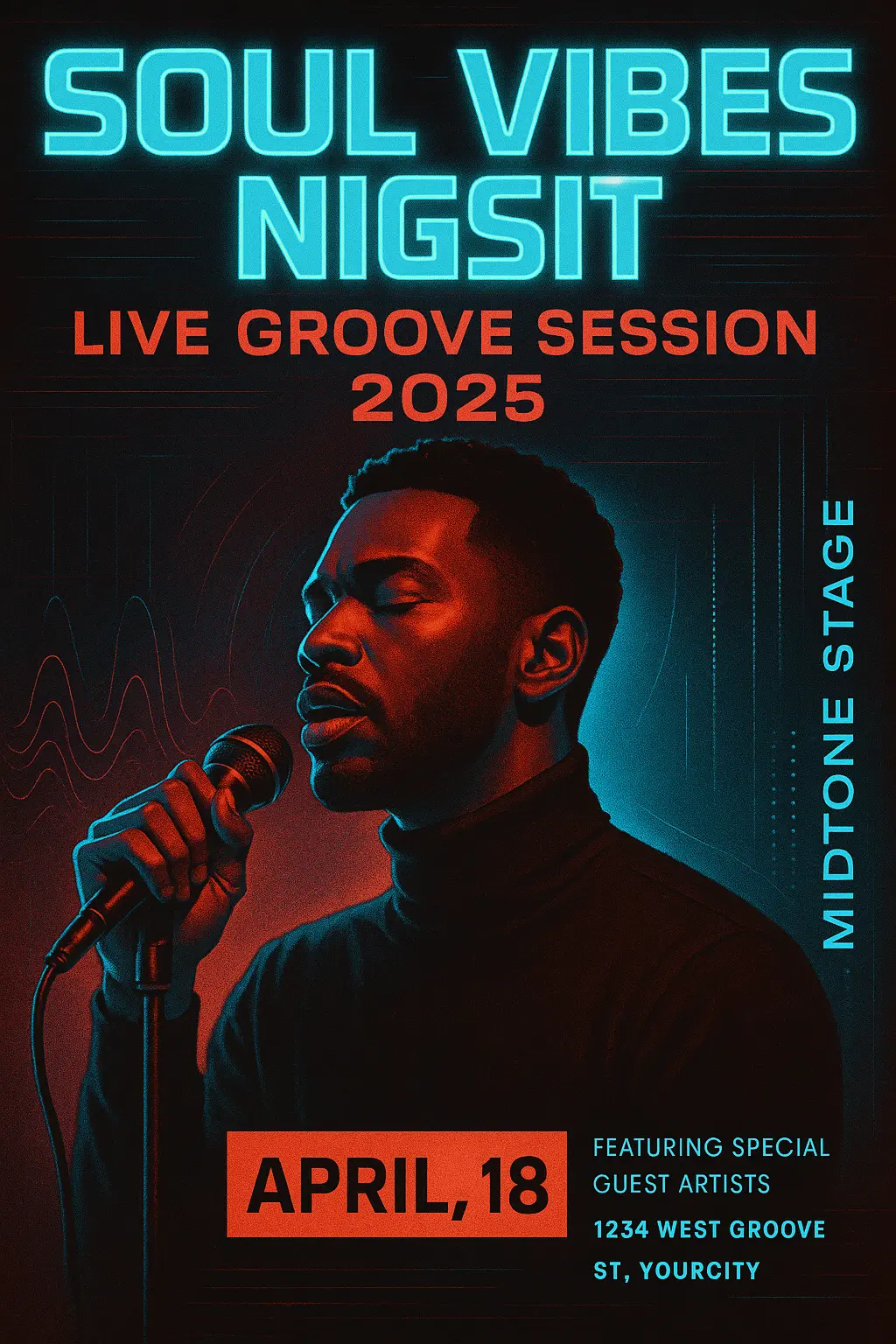 Bold neo-soul Music Poster template with glitch effects and vivid colors