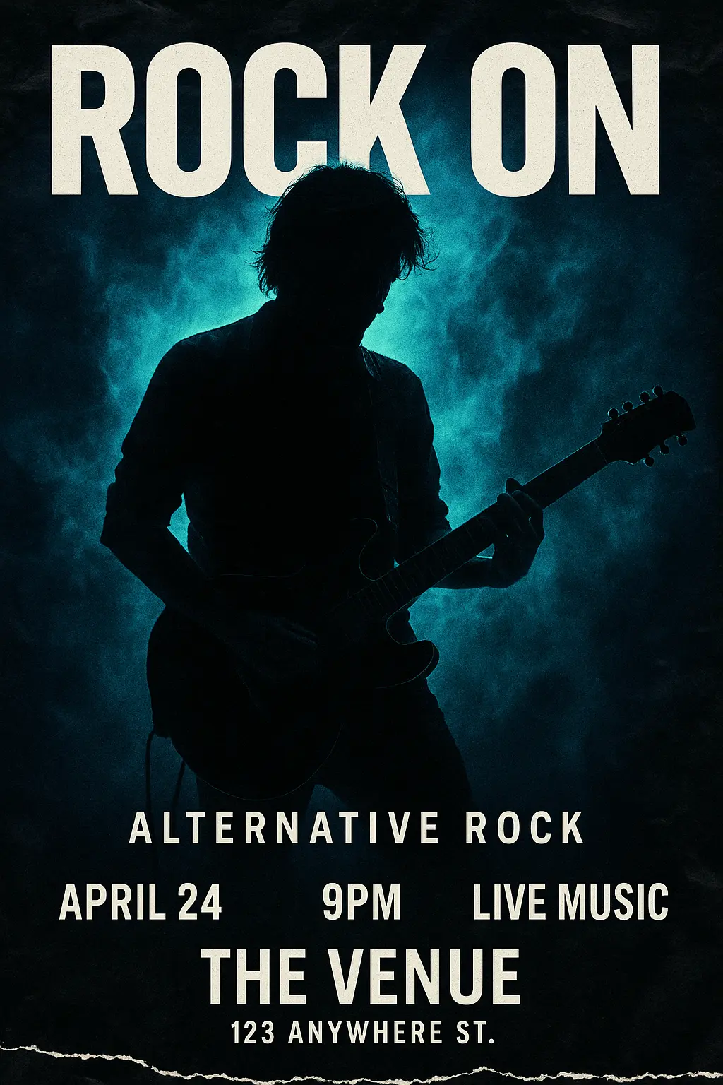 Rock Music Poster template featuring a guitarist with neon accents