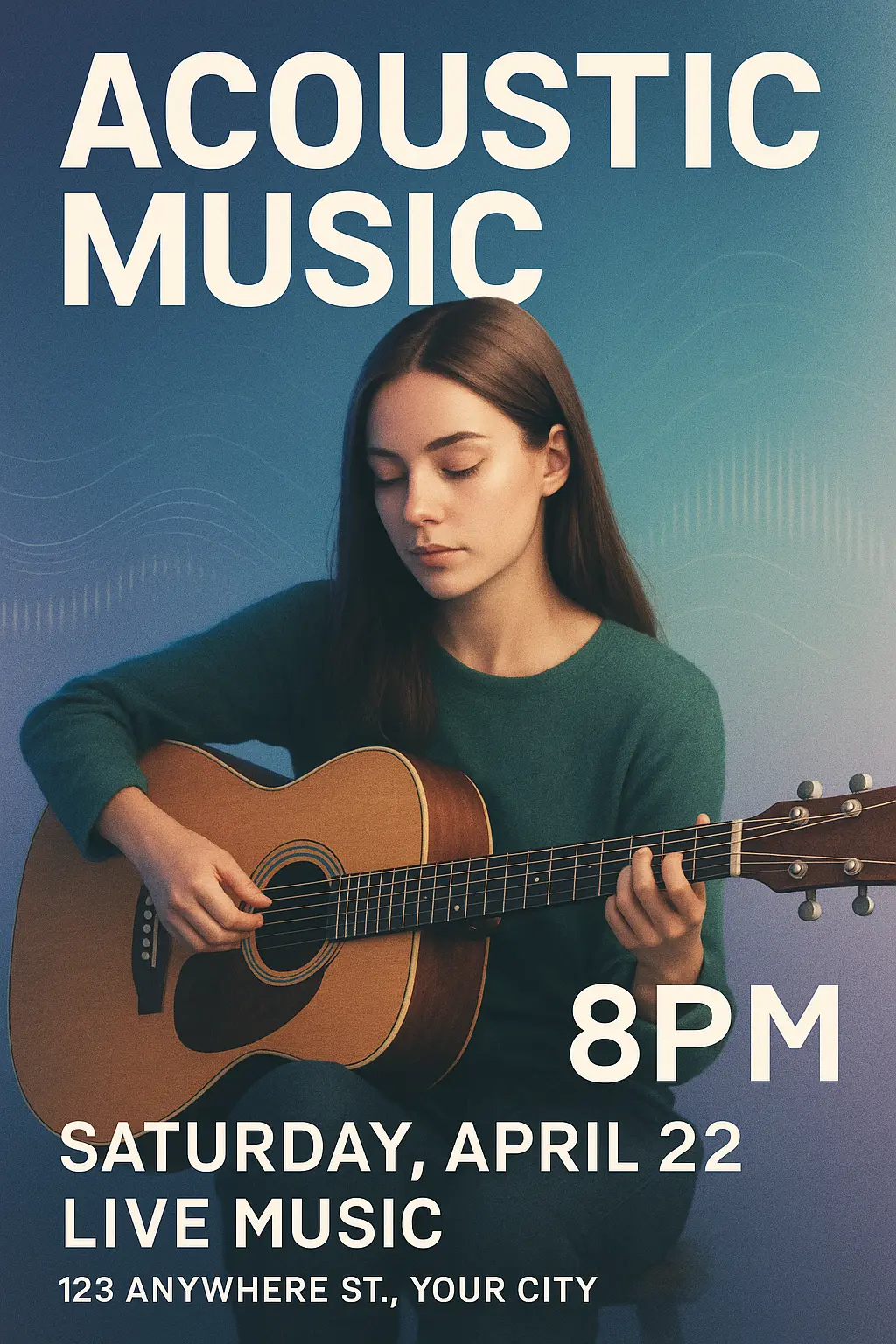 Music Poster template featuring a woman playing acoustic guitar in a serene mood