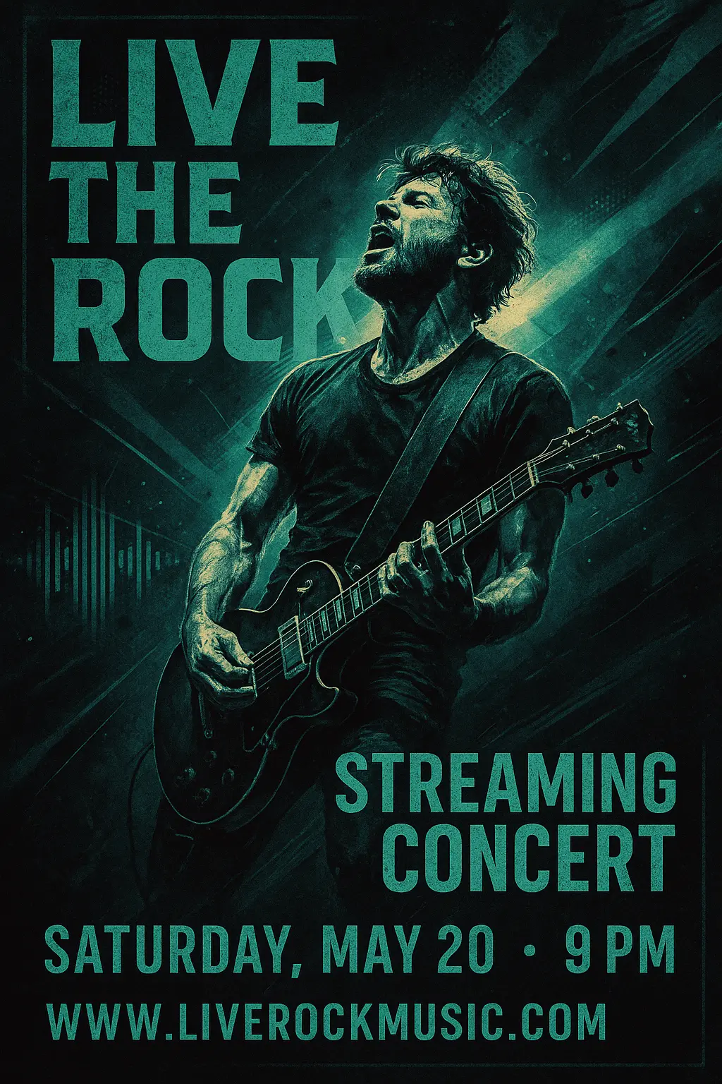 Music Poster template featuring a rock guitarist with energetic lighting effects