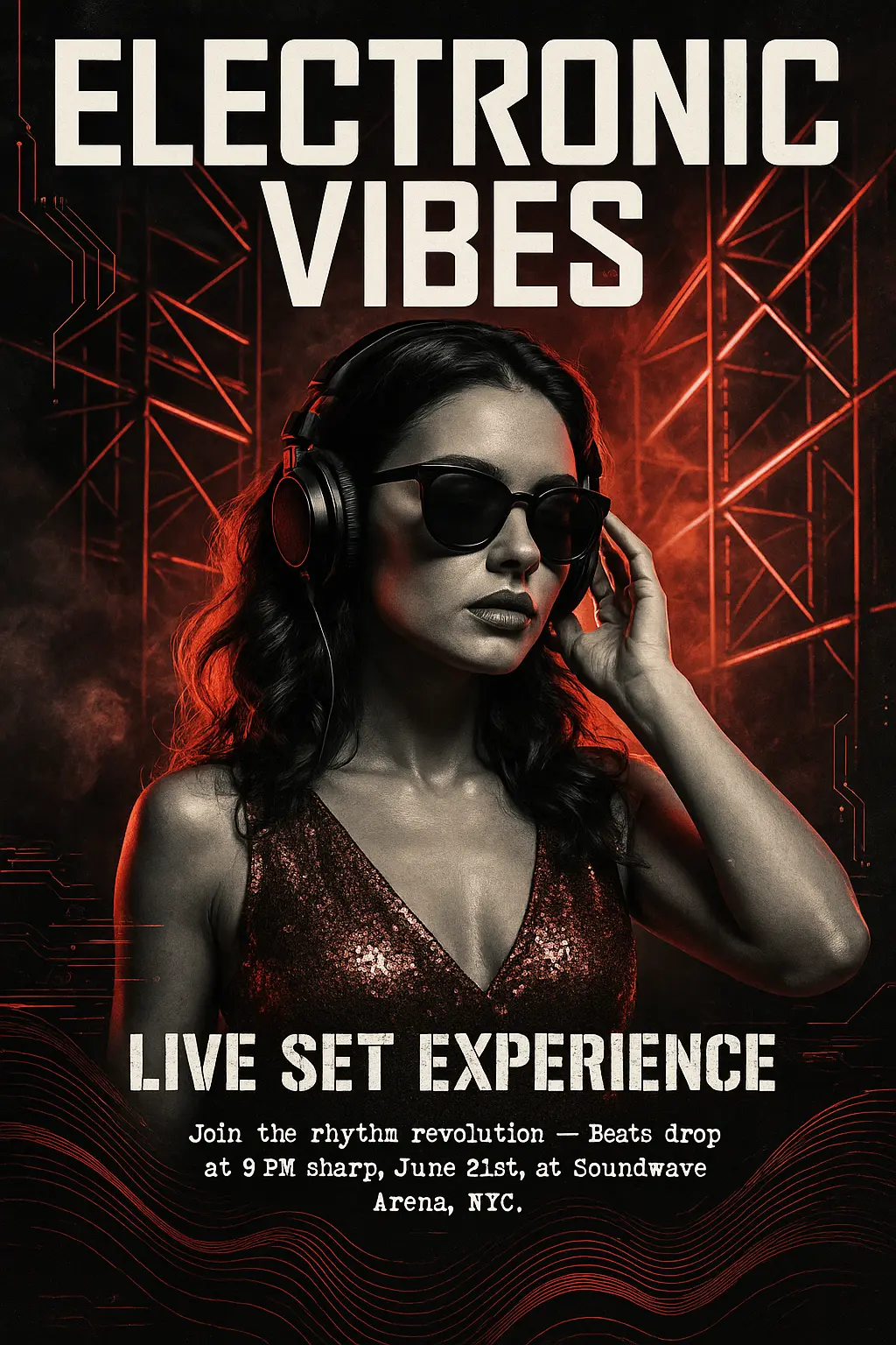 Techno-themed Music Poster template with female DJ and neon accents