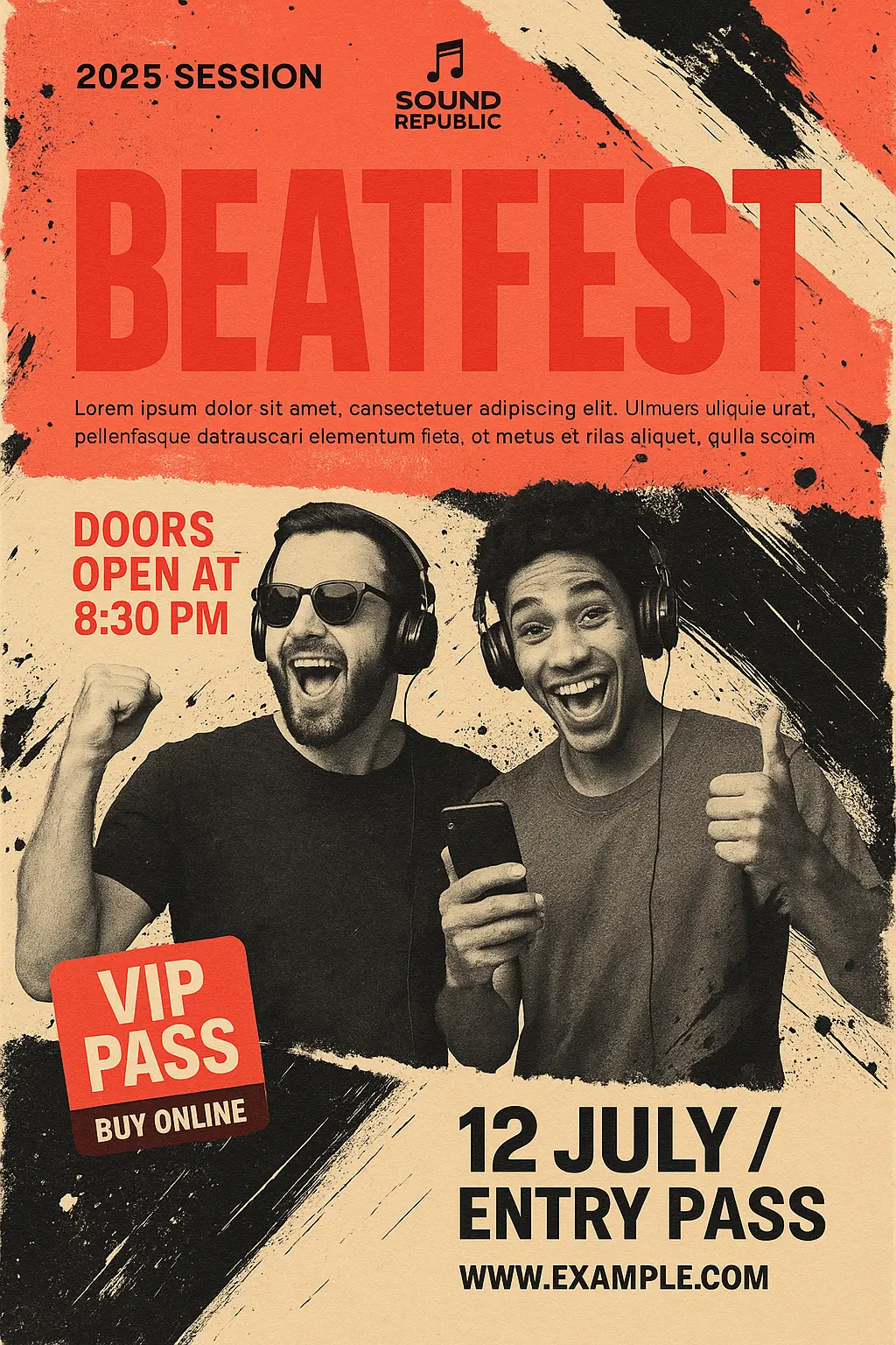 Energetic Music Poster template with bold coral headline and DJs