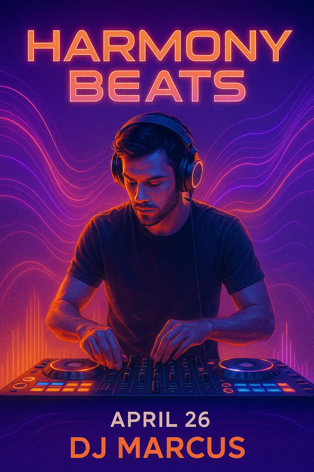 Music Poster template featuring DJ with headphones and neon accents