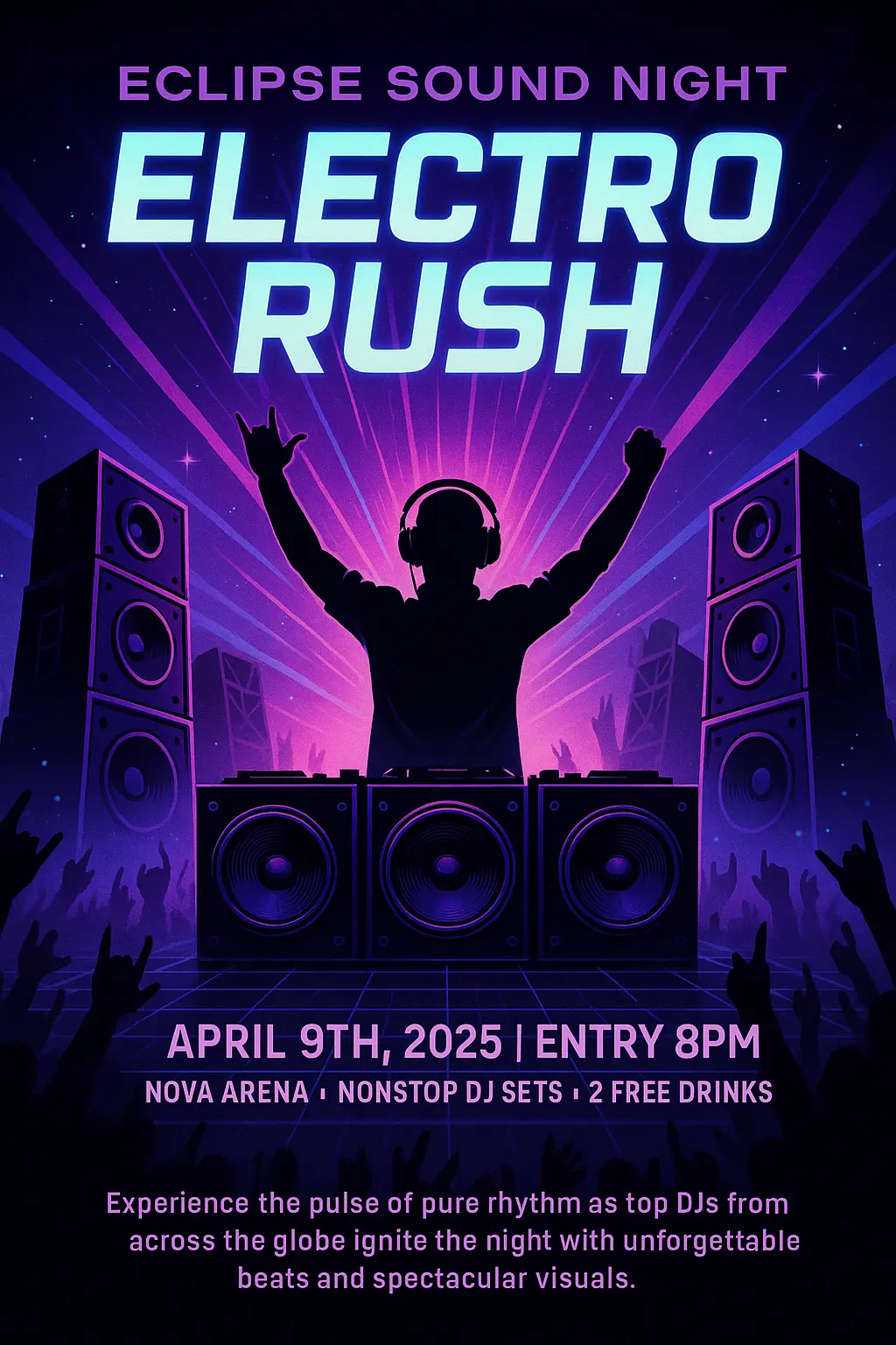 EDM Music Poster template with DJ silhouette and neon lights