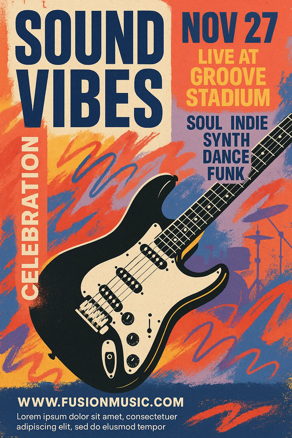 Energetic Music Poster template with electric guitar and bold colors