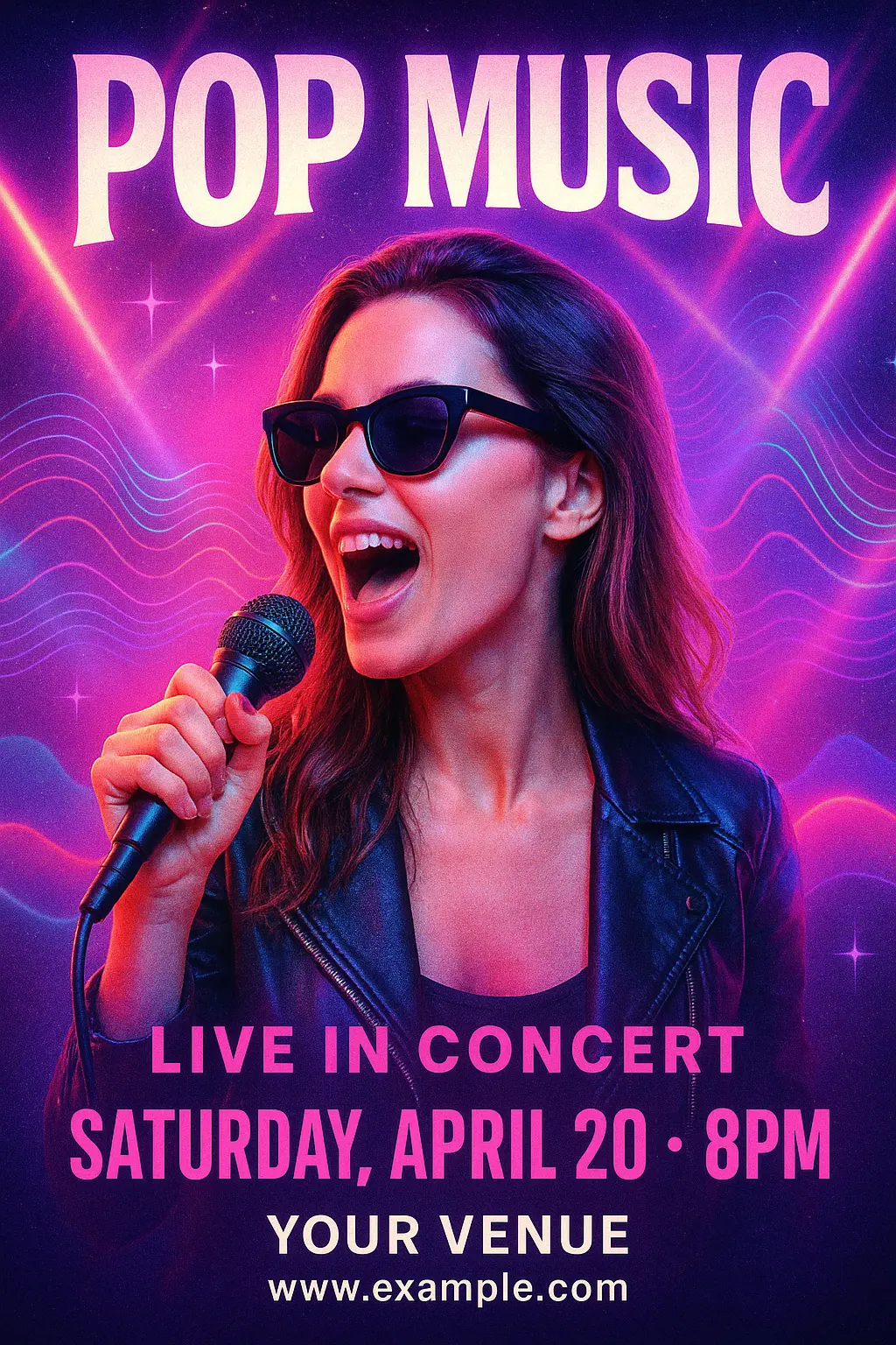 Music Poster template featuring a vibrant pop singer with microphone in neon gradient lighting