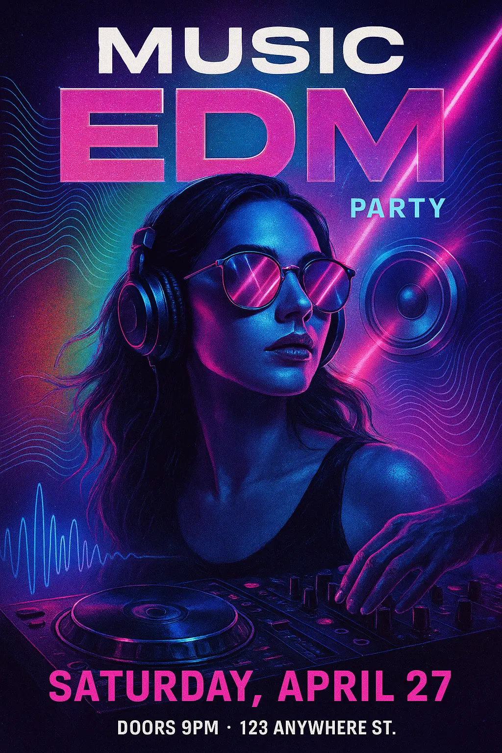 EDM Music Poster template featuring DJ silhouette with neon gradient background