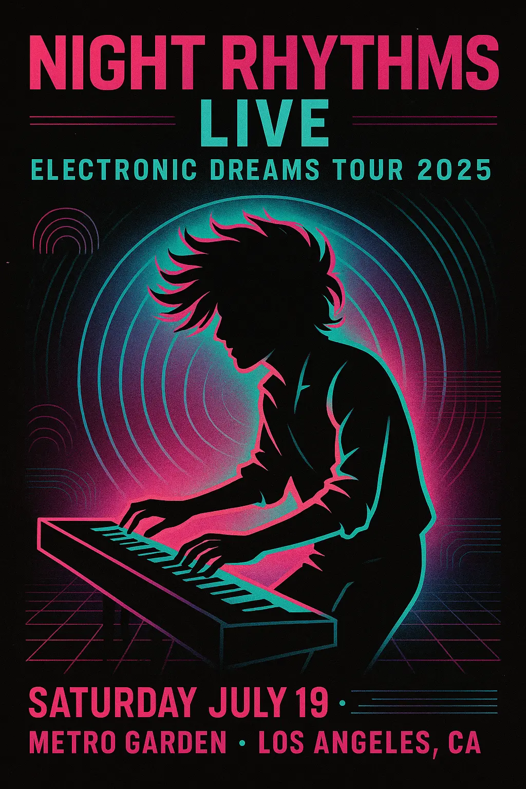 Music Poster template with neon silhouette and synthwave style