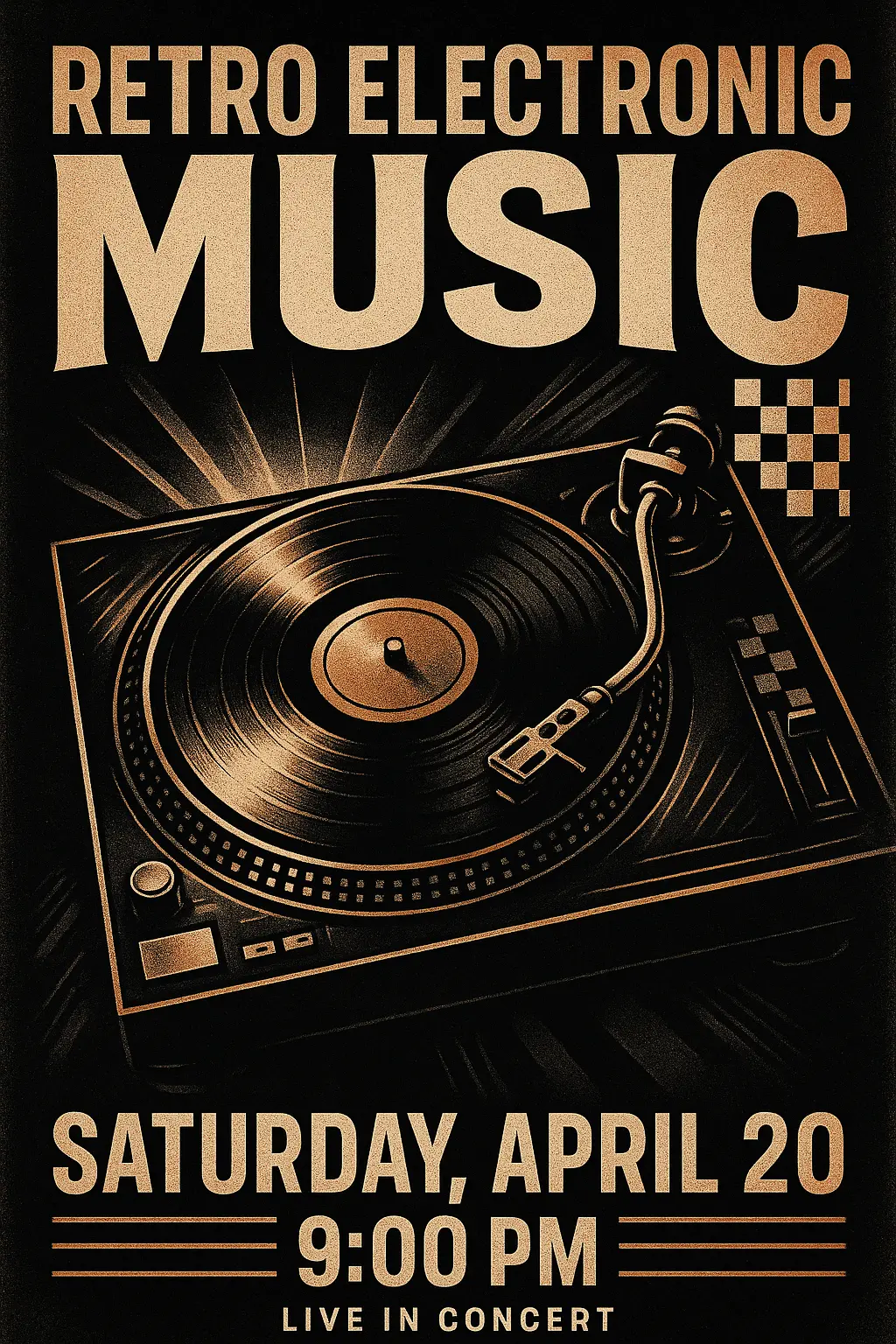 Retro electronic Music Poster template with turntable graphic.