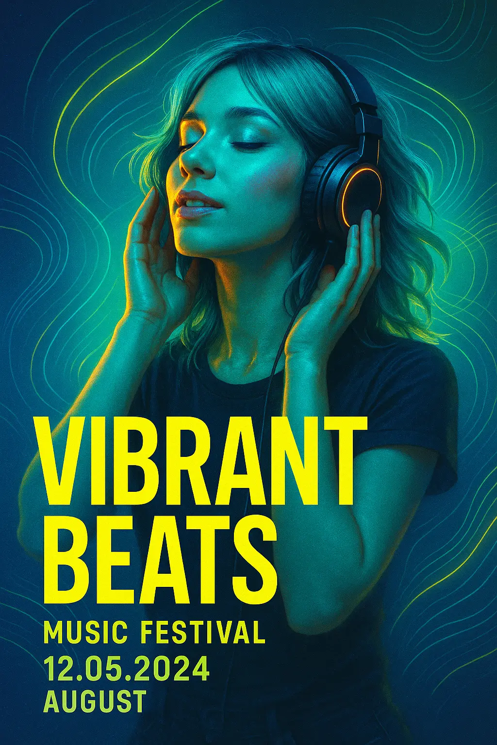 Music Poster template featuring a woman with teal hair, headphones, neon lighting