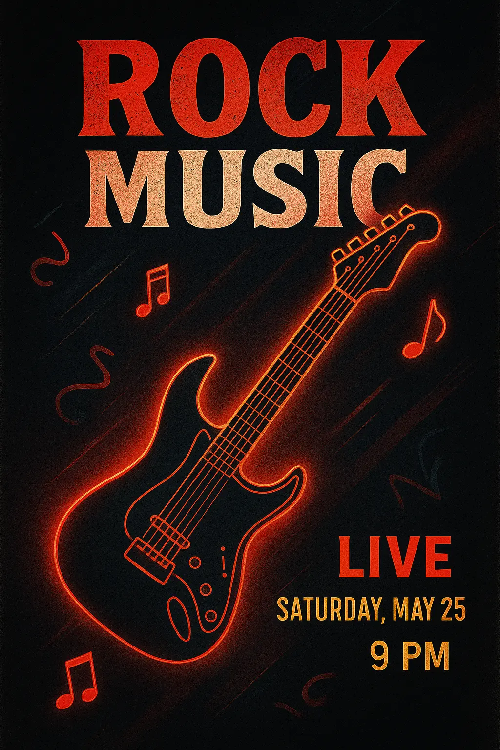 Music Poster template with guitar silhouette, neon accents