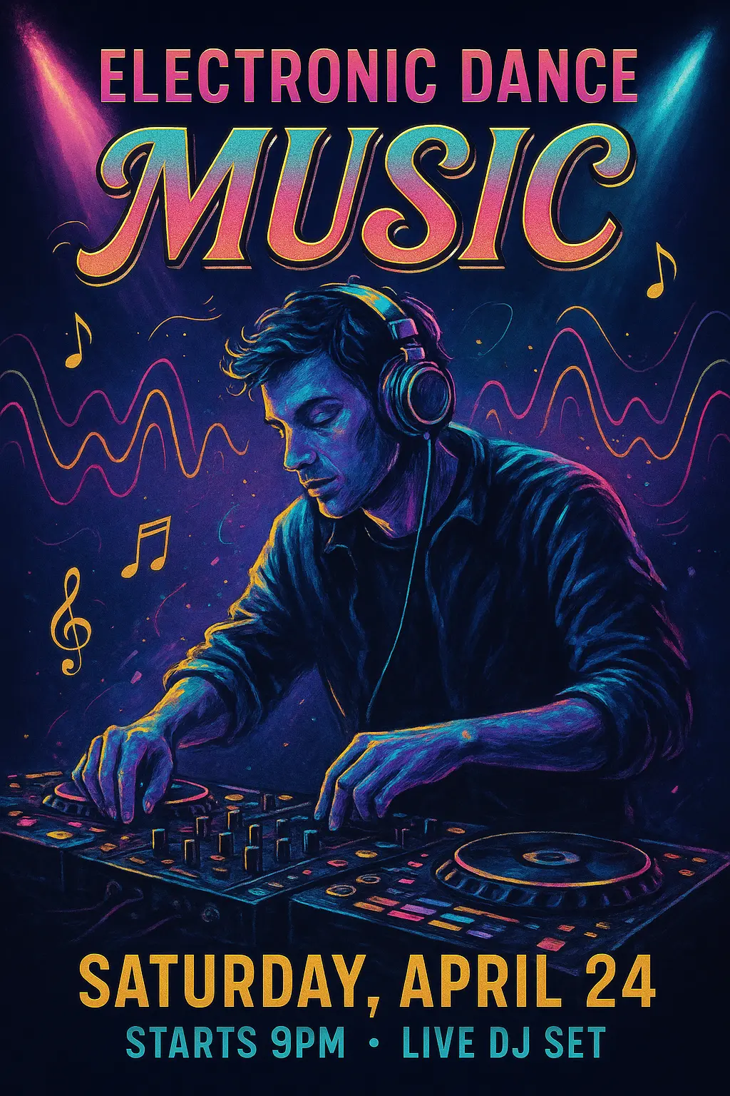 Music Poster template featuring hand-drawn DJ and neon effects