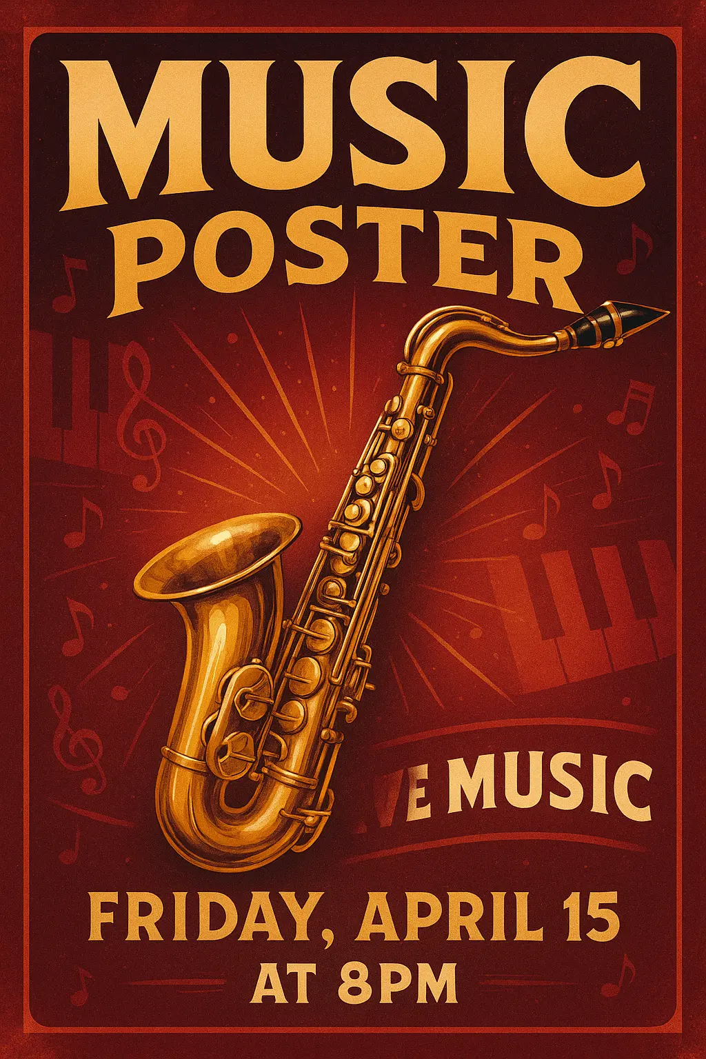 Music Poster template with energetic design featuring a brass instrument and retro typography