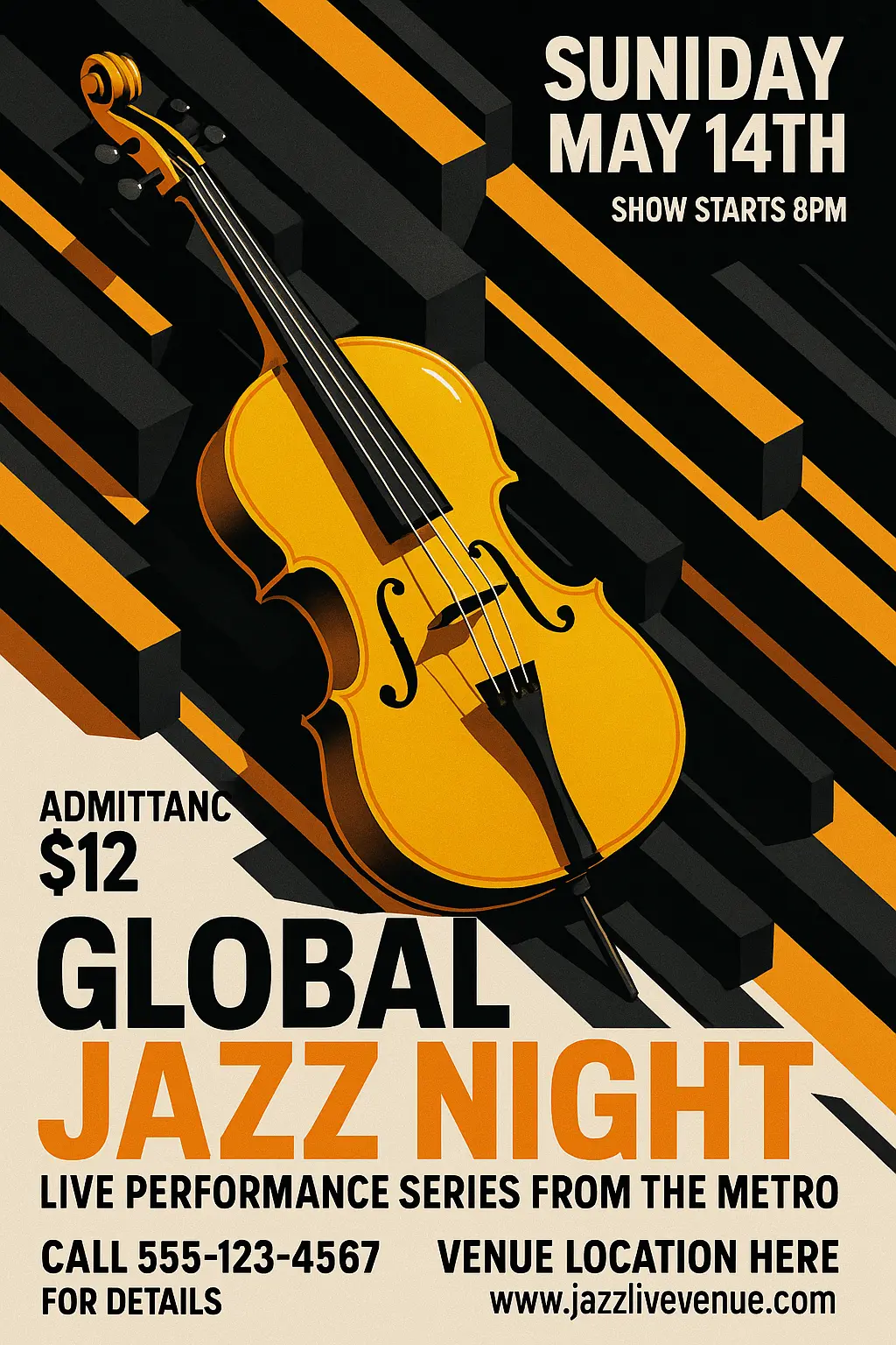 Bold jazz Music Poster template with cello and angular design