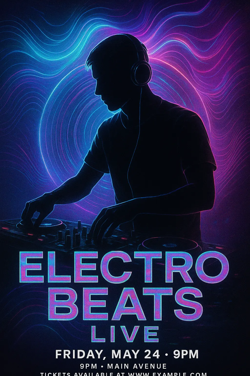 Music Poster template featuring DJ silhouette with neon glowing effects and vibrant gradients
