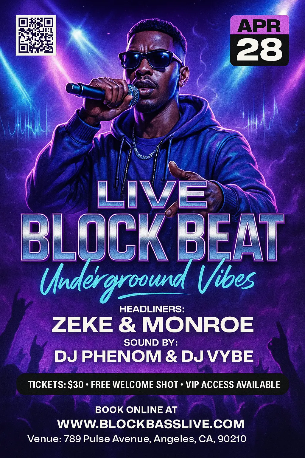 Hip-hop Music Poster template with neon lights and central rapper