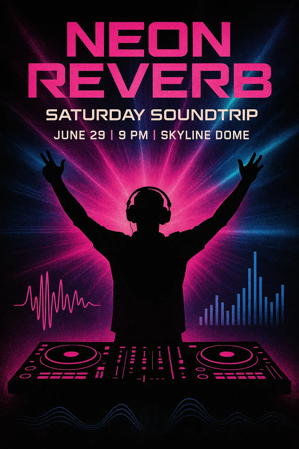 Energetic Music Poster template with neon DJ silhouette and glitch effects