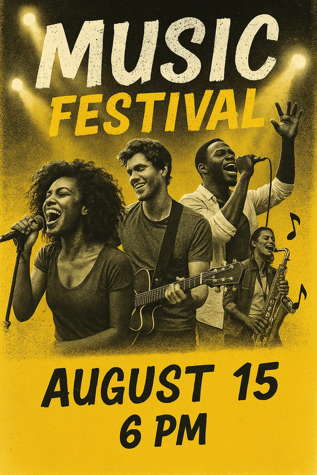 Music Poster template with diverse musicians performing in yellow and black theme