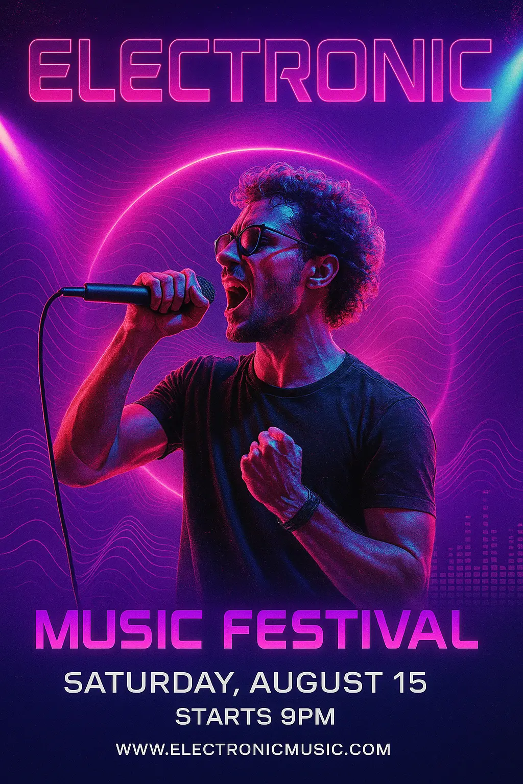 Electronic Music Poster template with vibrant performer and neon lighting