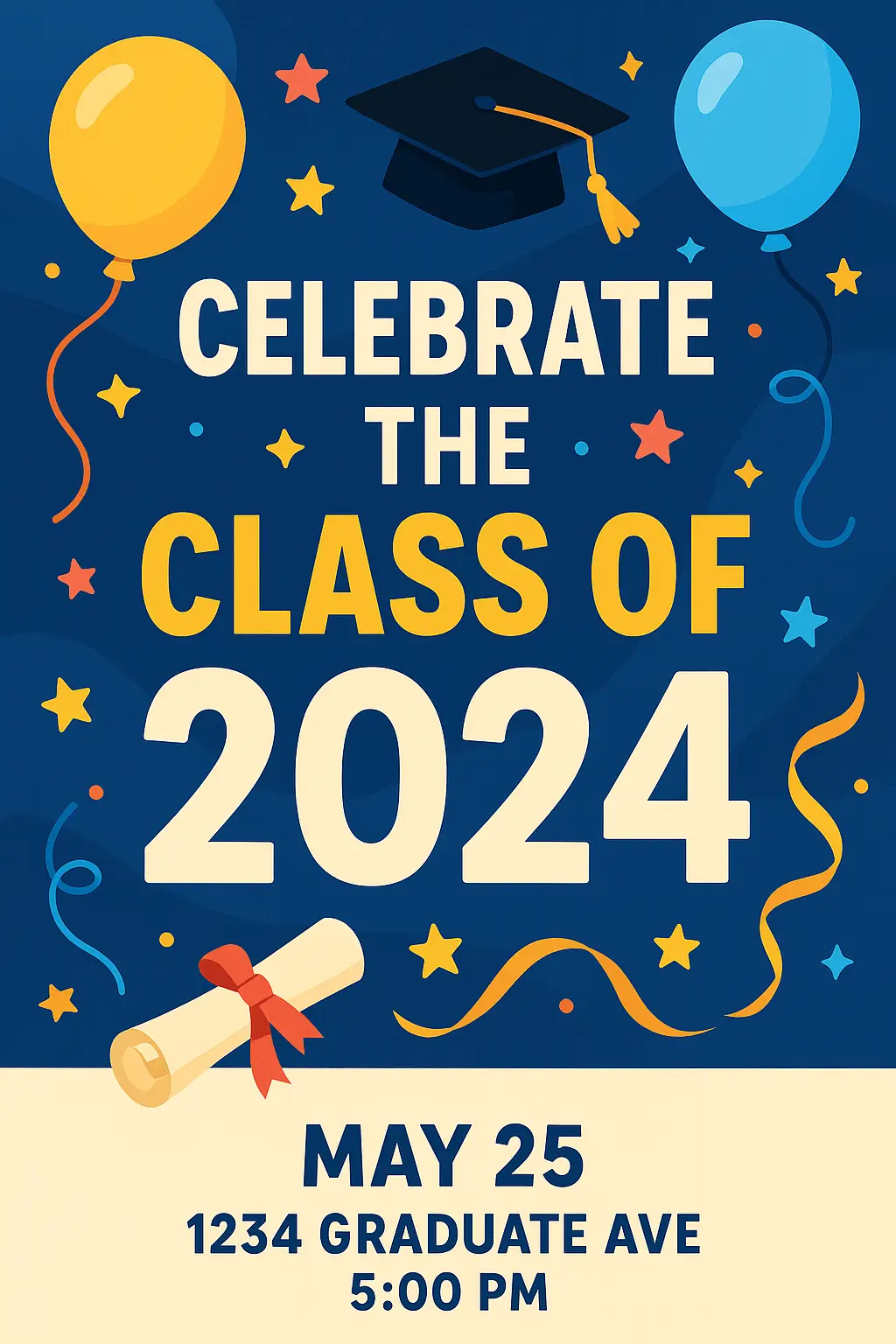 Graduation Promposal Poster template with vibrant colors and celebratory icons
