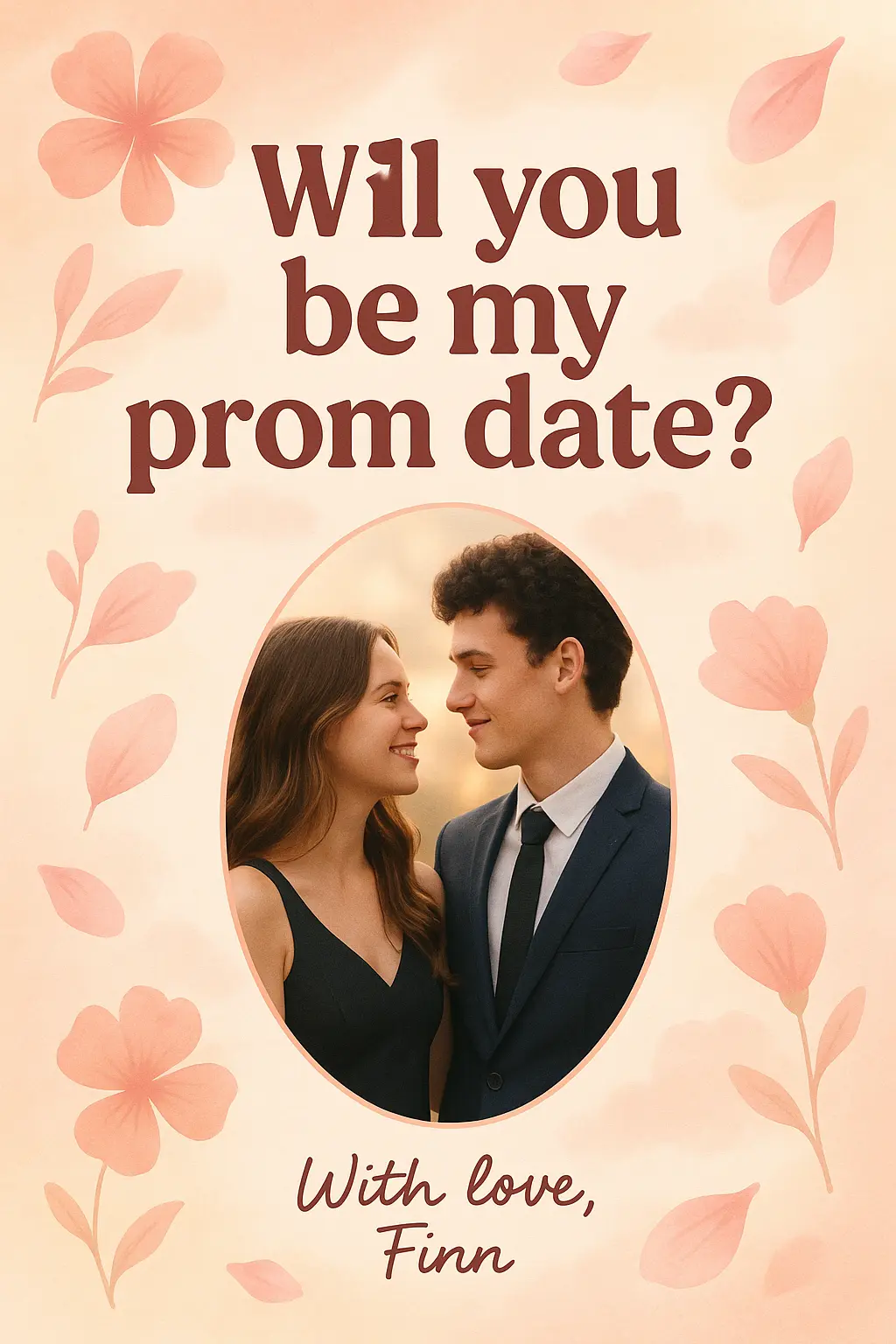 Promposal Poster template featuring a couple's photo, soft pastel colors, and romantic message