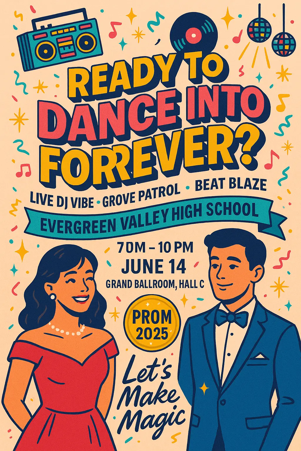 Colorful Promposal Poster template with retro dance theme