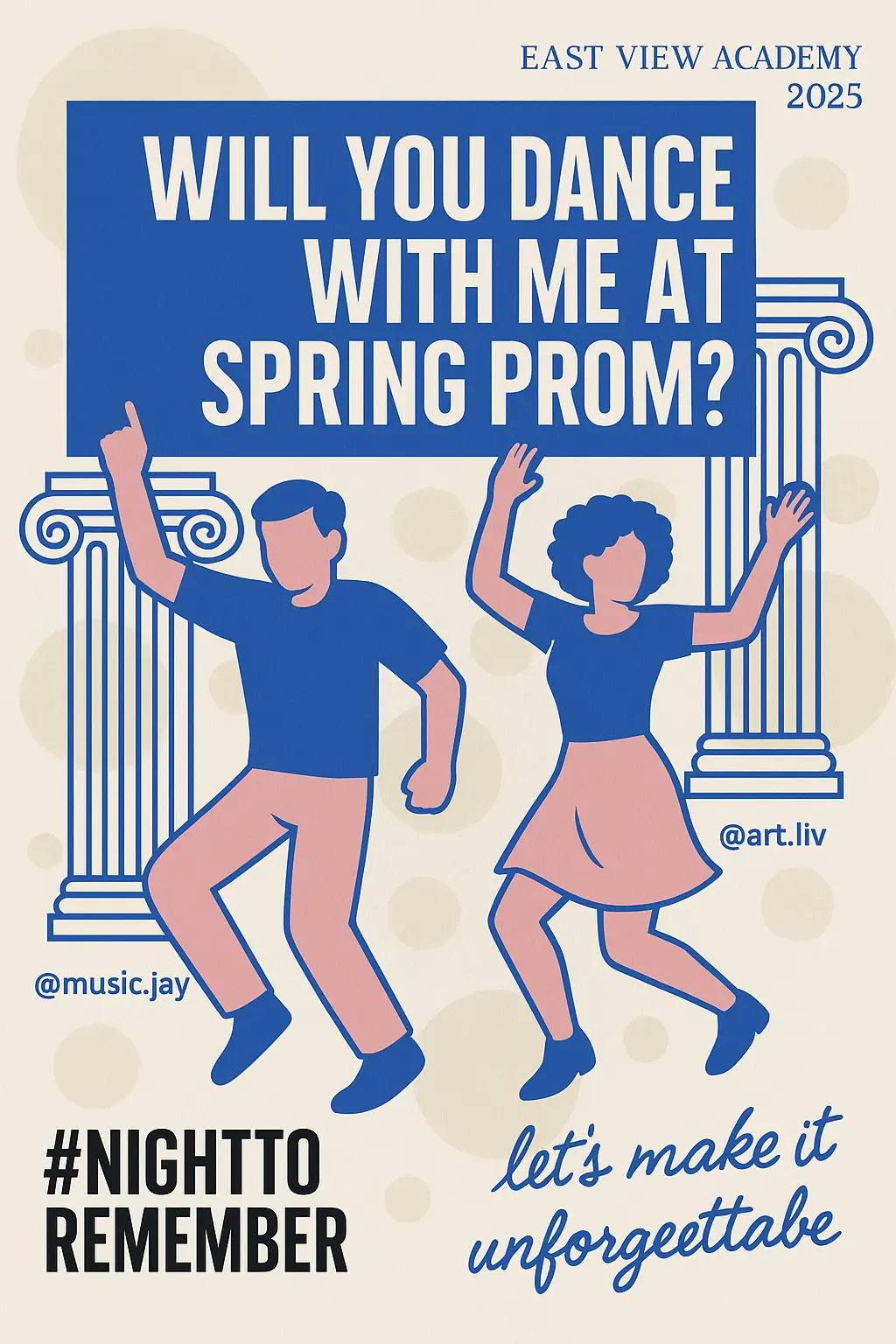 Playful Promposal Poster template with dancing silhouettes and bold blue headline