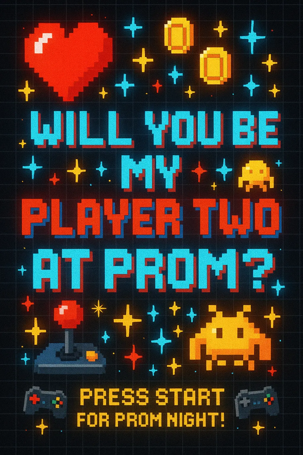 Retro gamer-themed Promposal Poster template with pixel art
