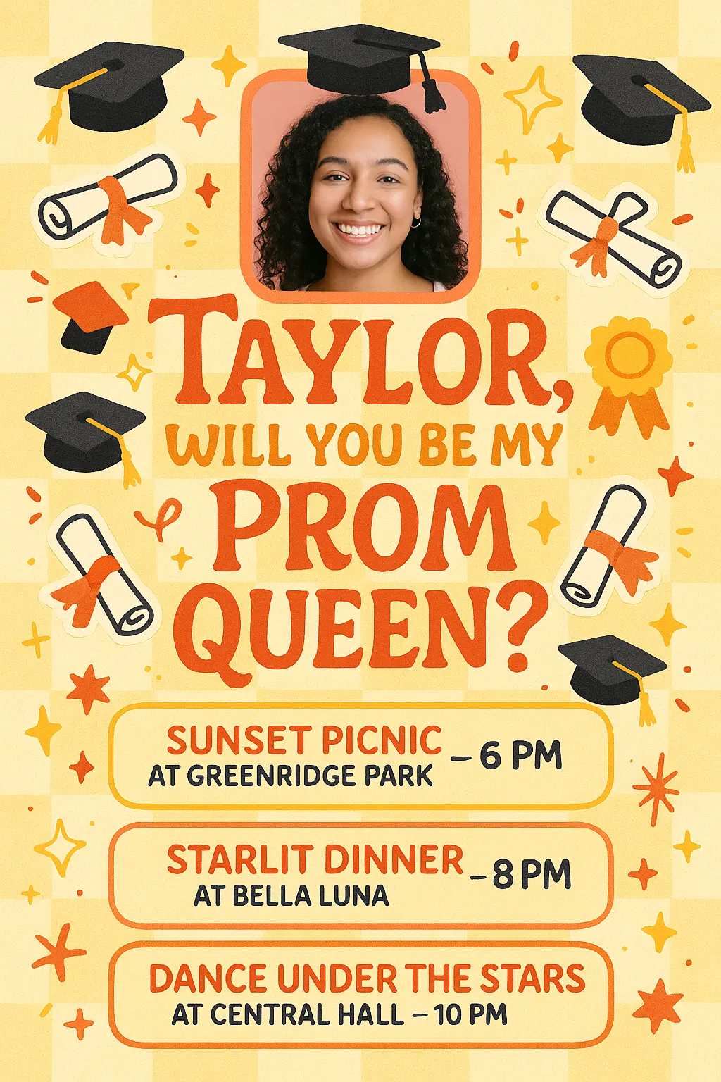 Cheerful Promposal Poster template with photo, stars, and bold text