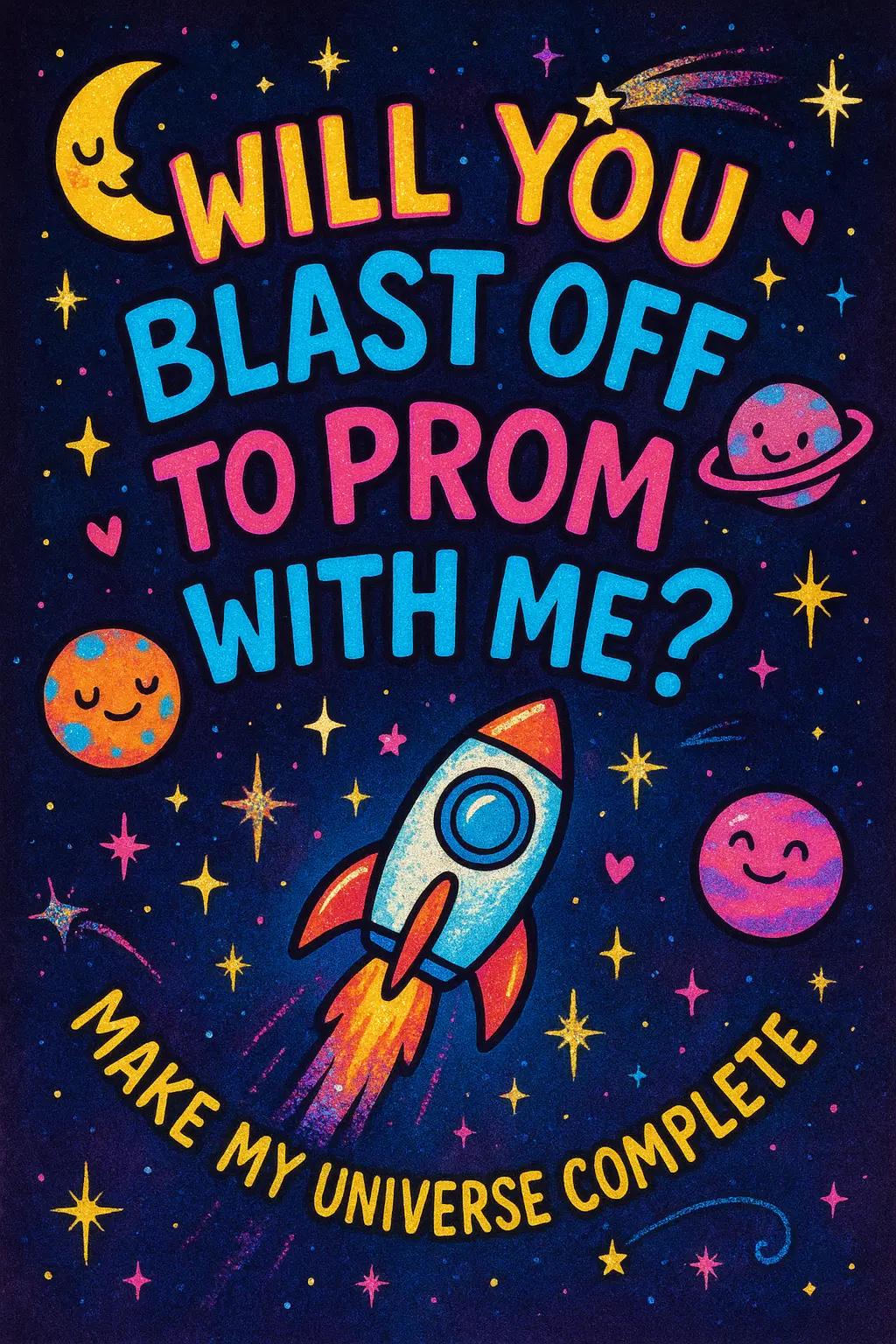 Colorful space-themed Promposal Poster template with rocket and stars