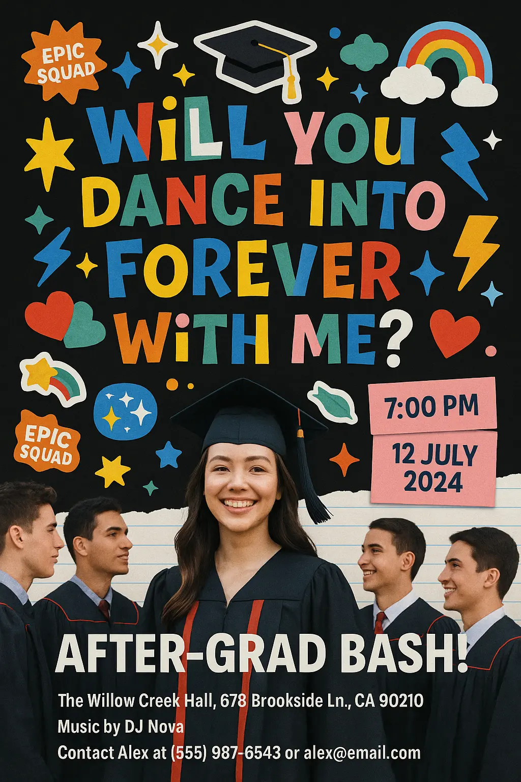 Colorful Promposal Poster template with graduates and playful icons