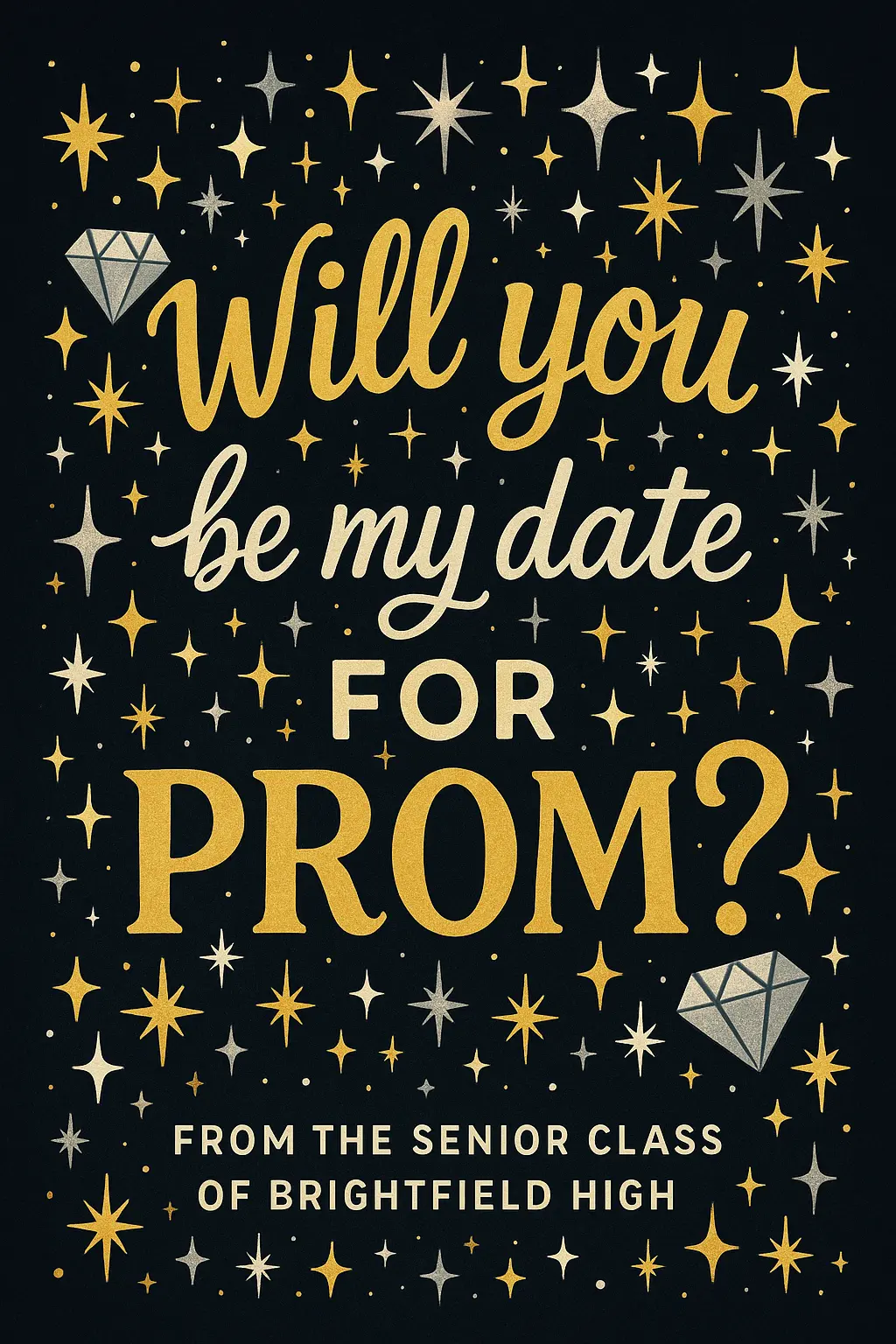 Promposal Poster template with stars and sparkles, featuring 'Will you be my date for Prom?'
