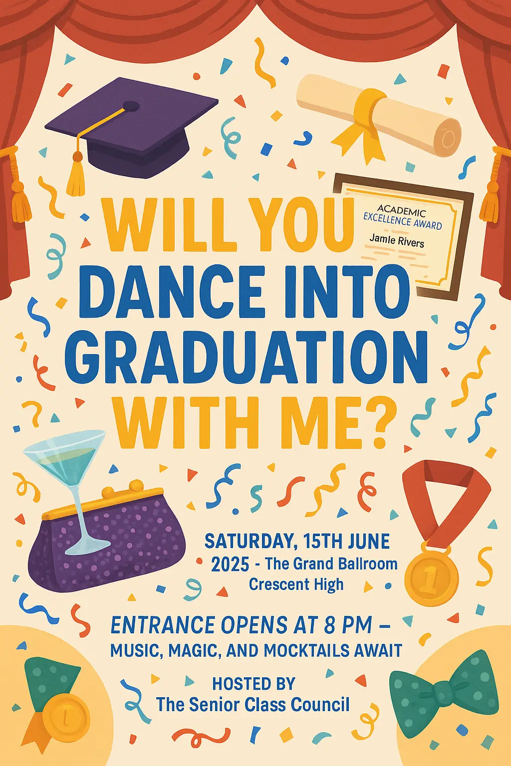 Colorful Promposal Poster template with graduation-themed illustrations