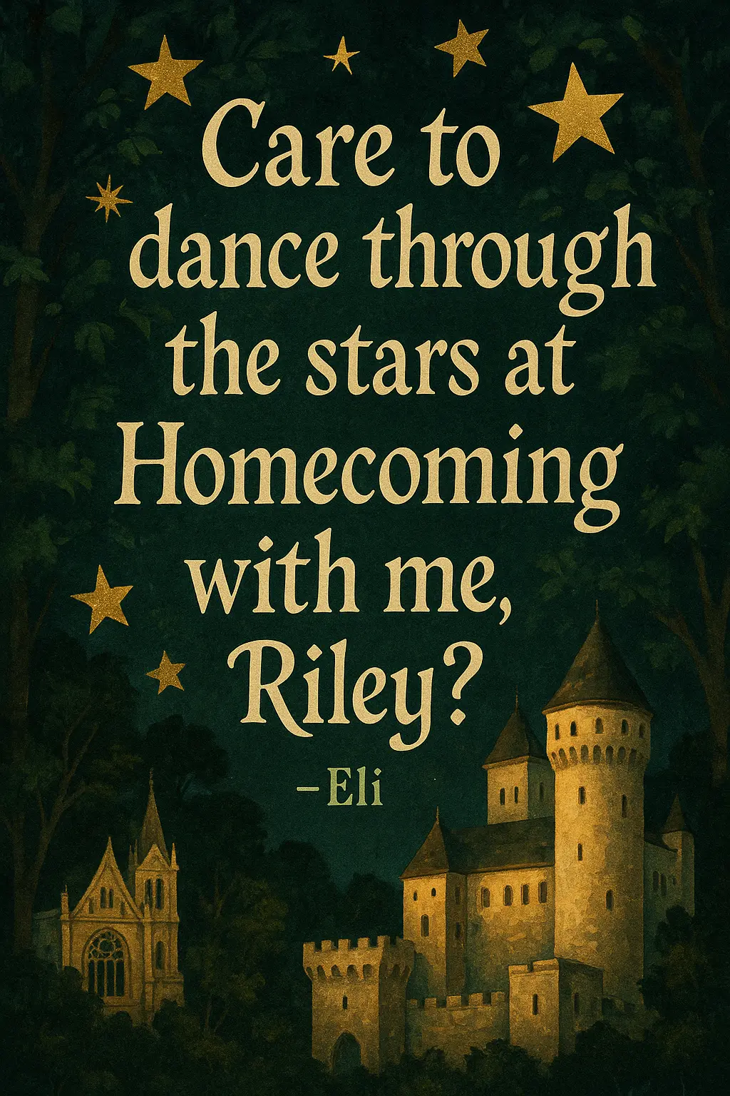 Enchanted forest Promposal Poster template with castles and stars
