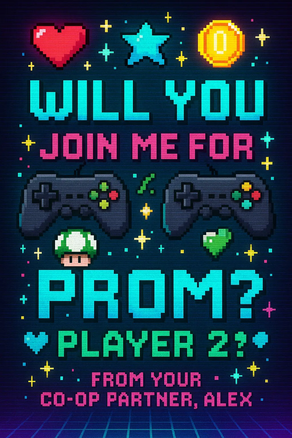 Retro gaming Promposal Poster template with bold pixel art design