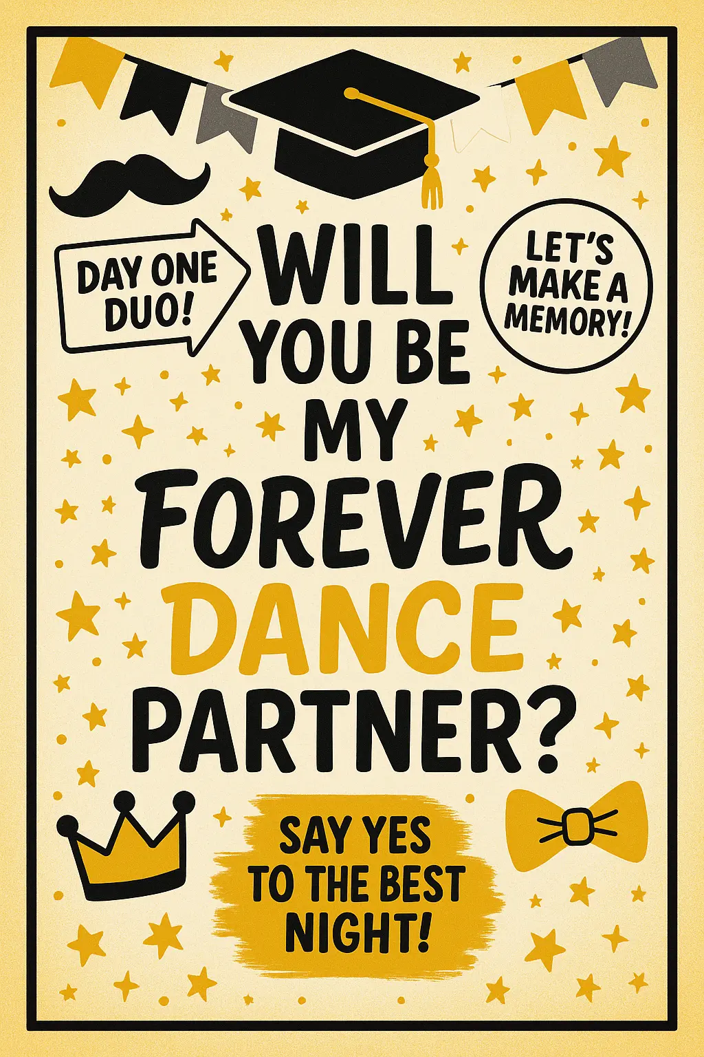 Playful Promposal Poster template with graduation-themed graphics