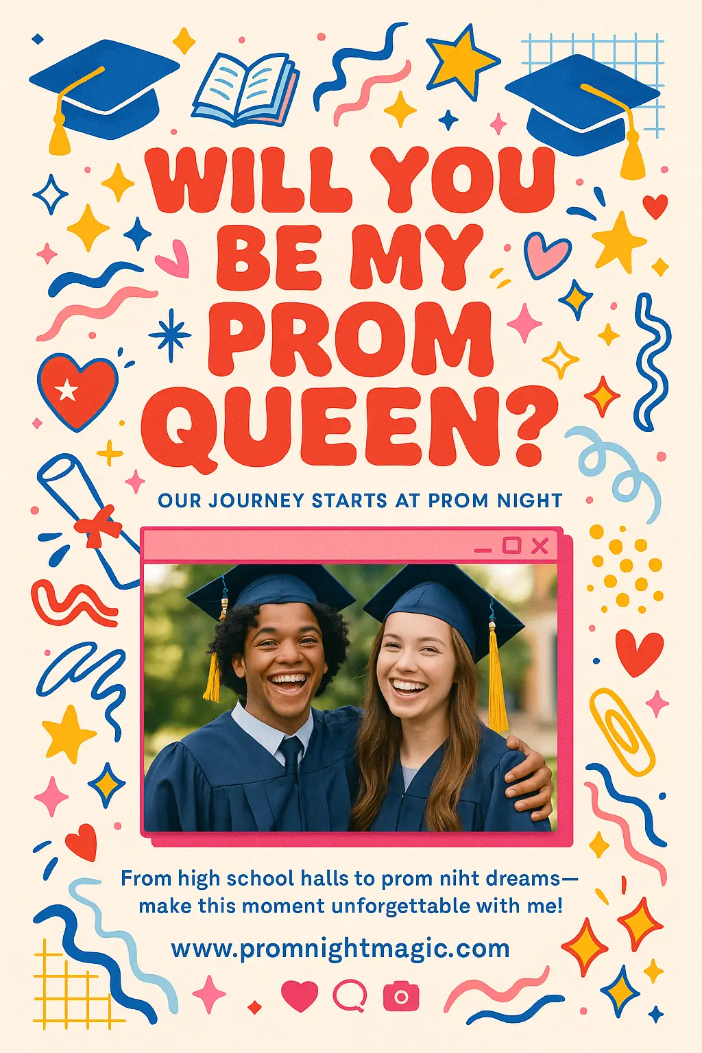 Colorful Promposal Poster template with bold text and graduation theme