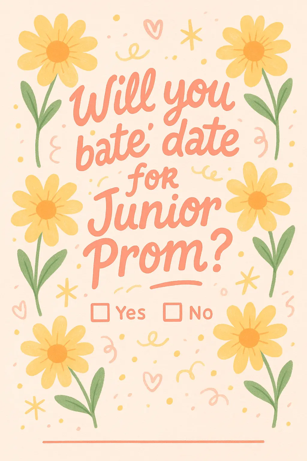 Promposal Poster template featuring floral design with yellow daisies, playful text, and checkboxes.