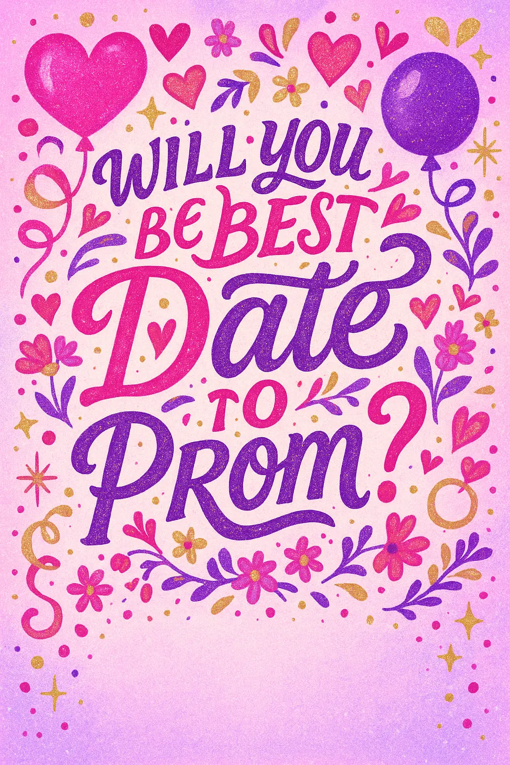 Promposal Poster template with hand-lettered 'Will you be the best date to prom?' surrounded by hearts, stars, and floral accents.