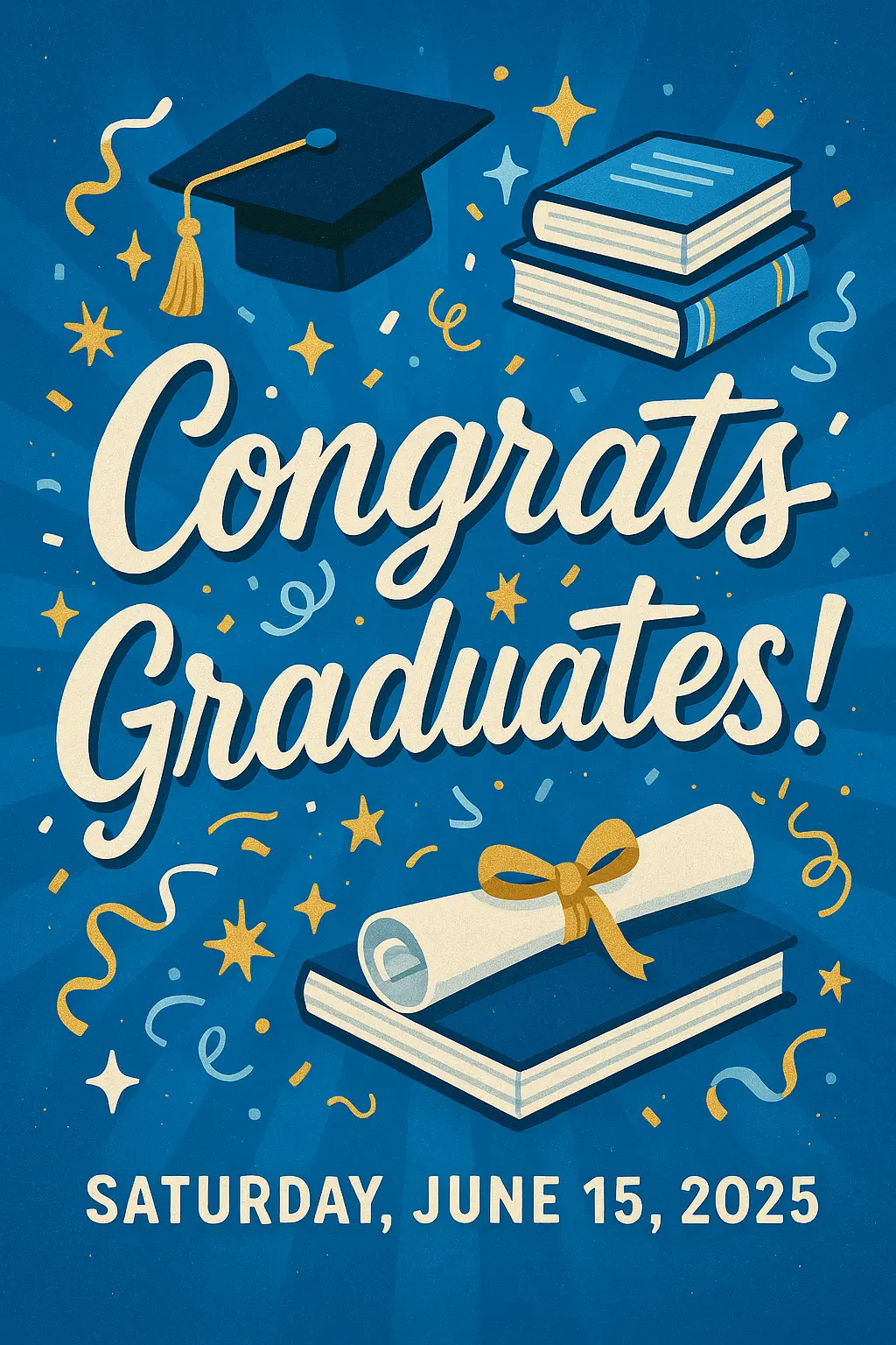 Promposal Poster template featuring bold typography, graduation-themed icons, and a joyful blue gradient background.