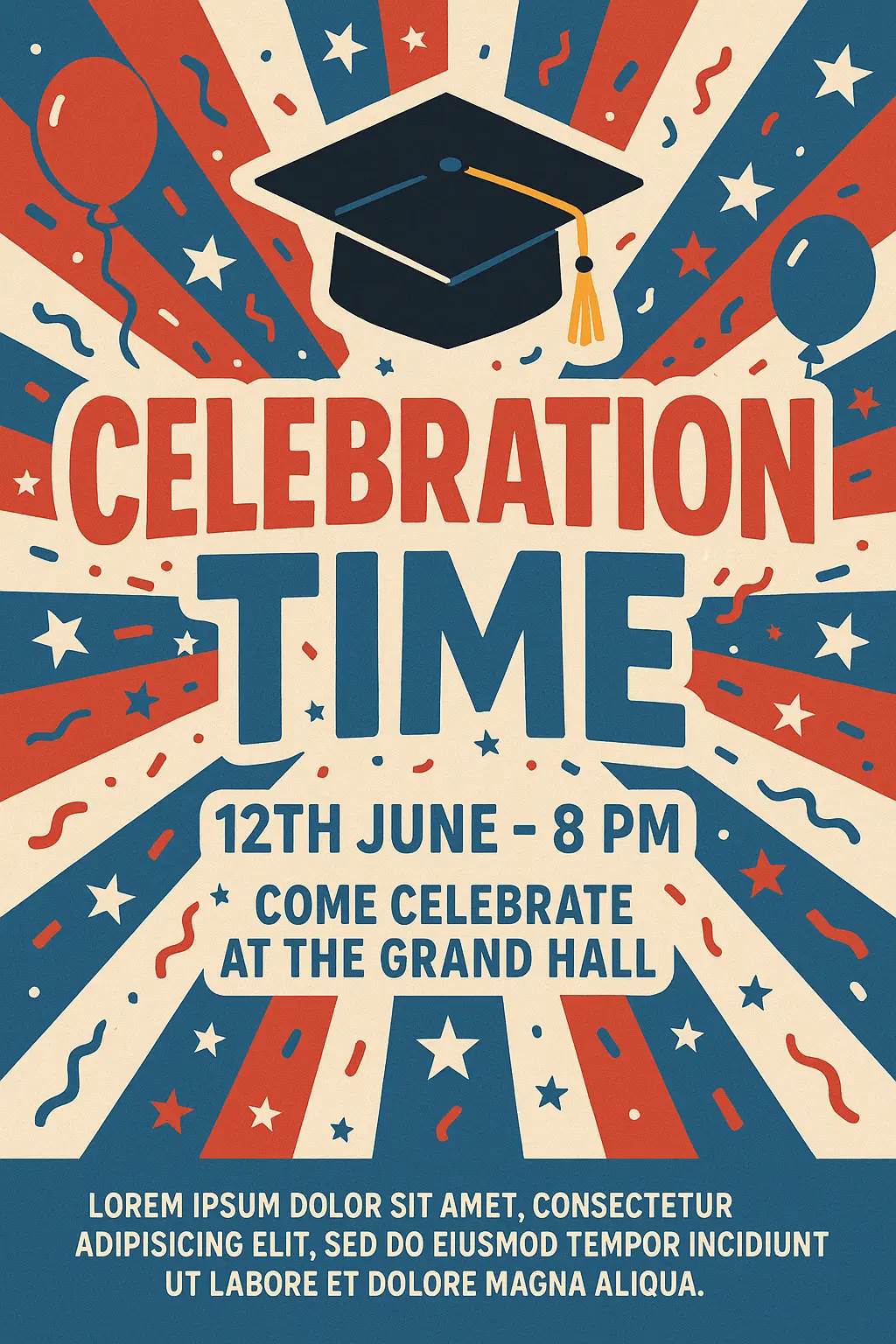 College Party Promposal Poster template with graduation cap, red, white, and blue theme