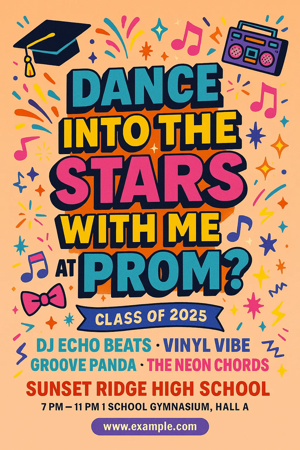 Colorful Promposal Poster template with bold text and party icons