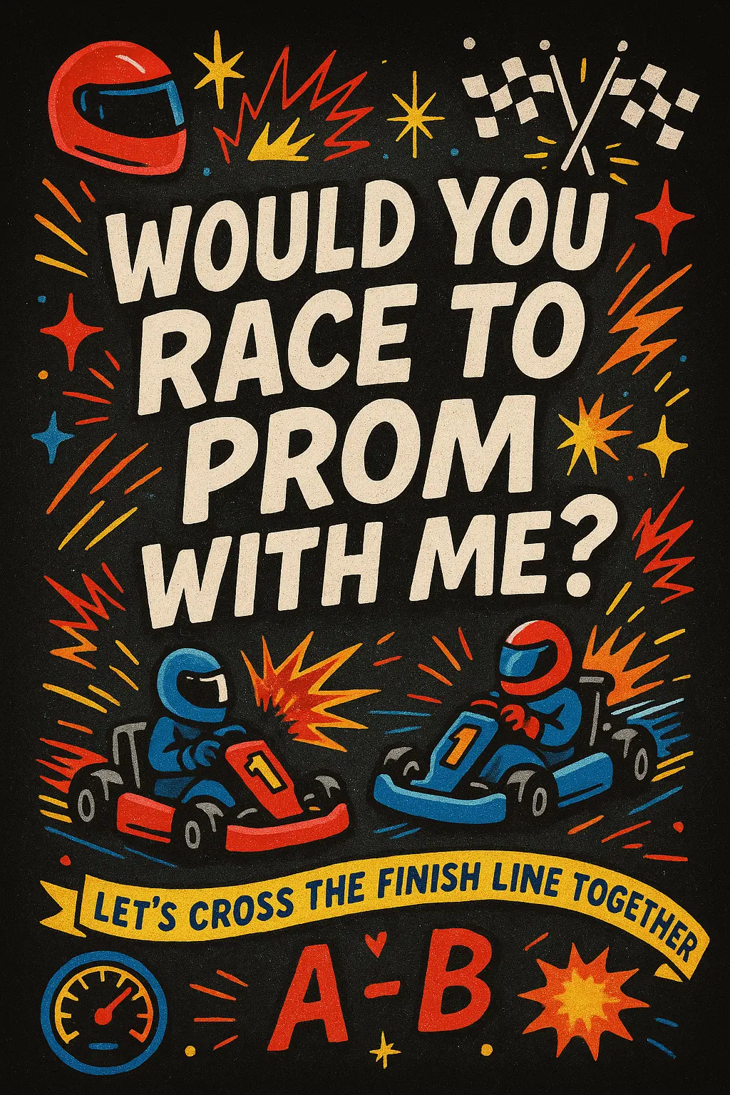 Racing-themed Promposal Poster template with bold text and icons