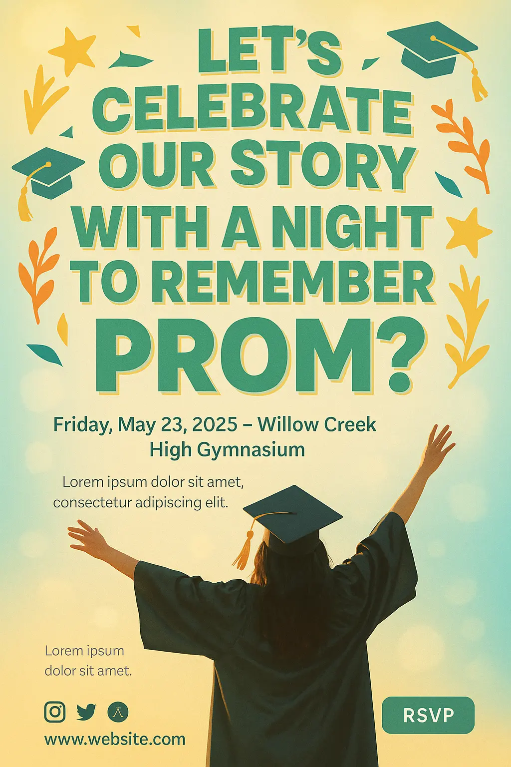 Promposal Poster template with stars, cap, and joyful pose