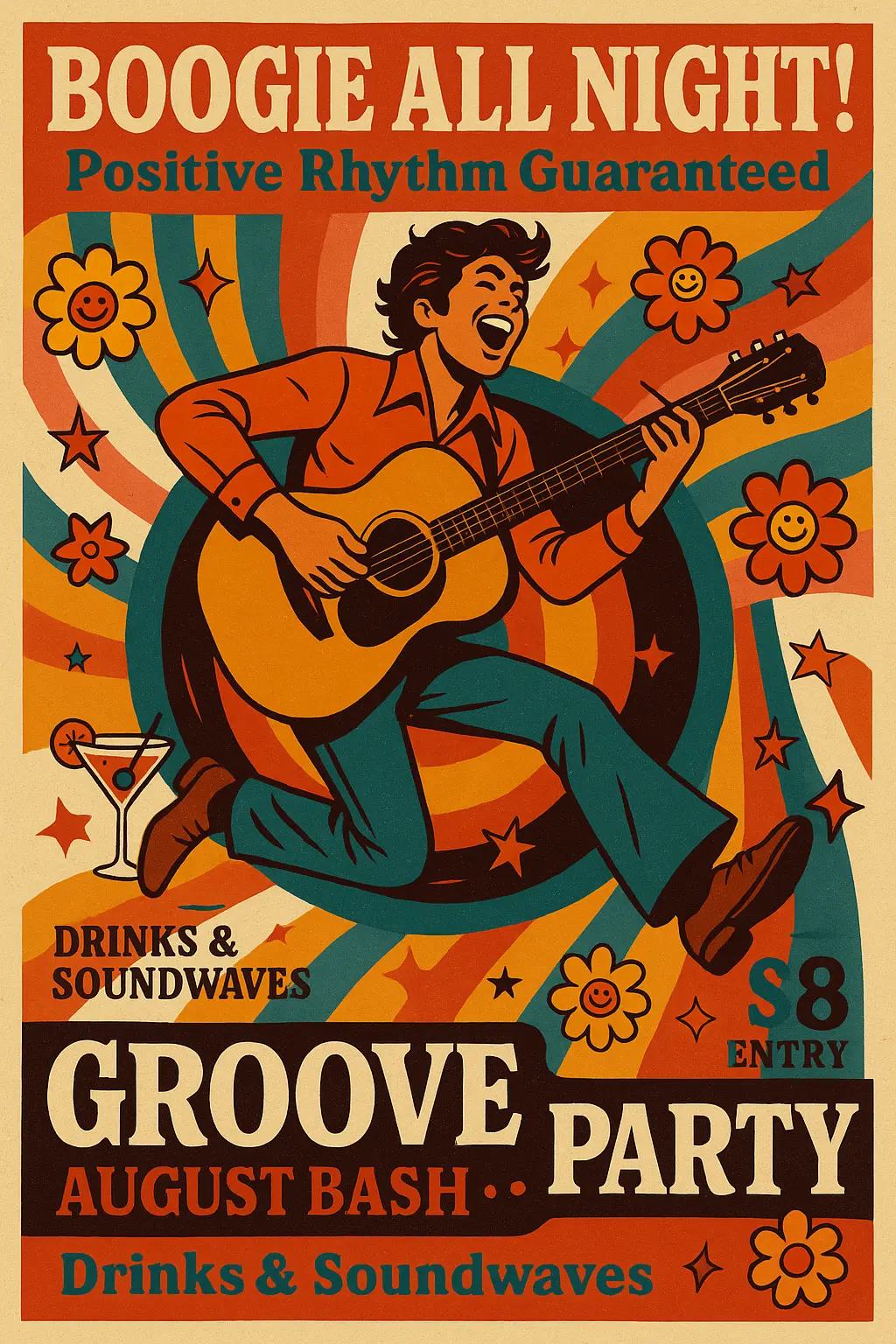 Retro Poster template with dancing guitarist and vibrant 70s colors