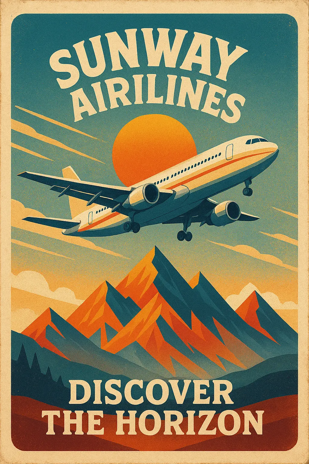 Retro Poster template with vintage airplane and mountain sunset