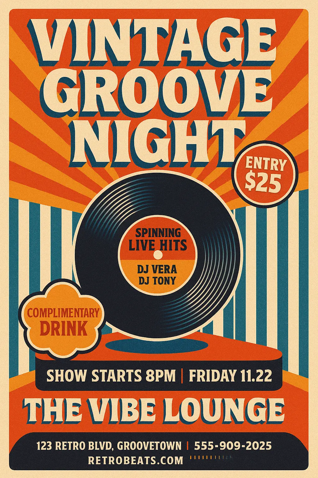 Retro Poster template with vinyl record and sunburst design