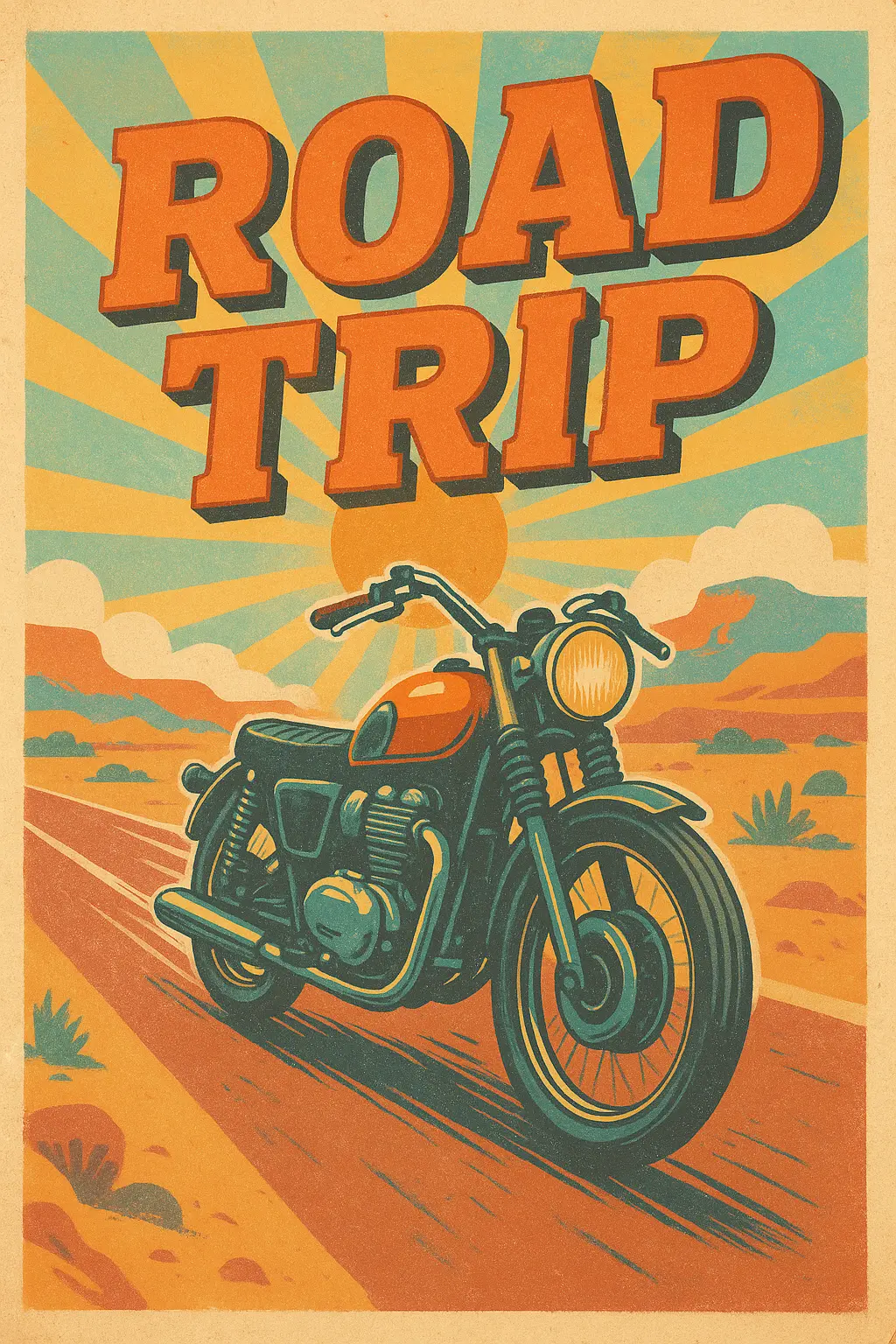 Retro Poster template featuring a vintage motorcycle on a desert highway